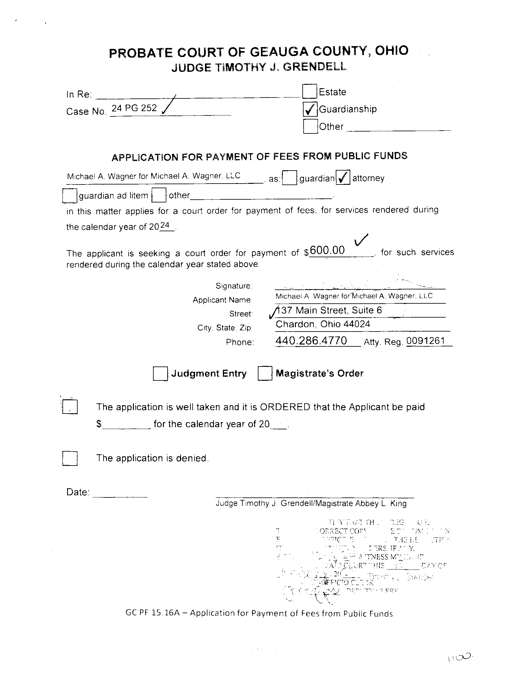 Application for Payment of Fees From Public Funds