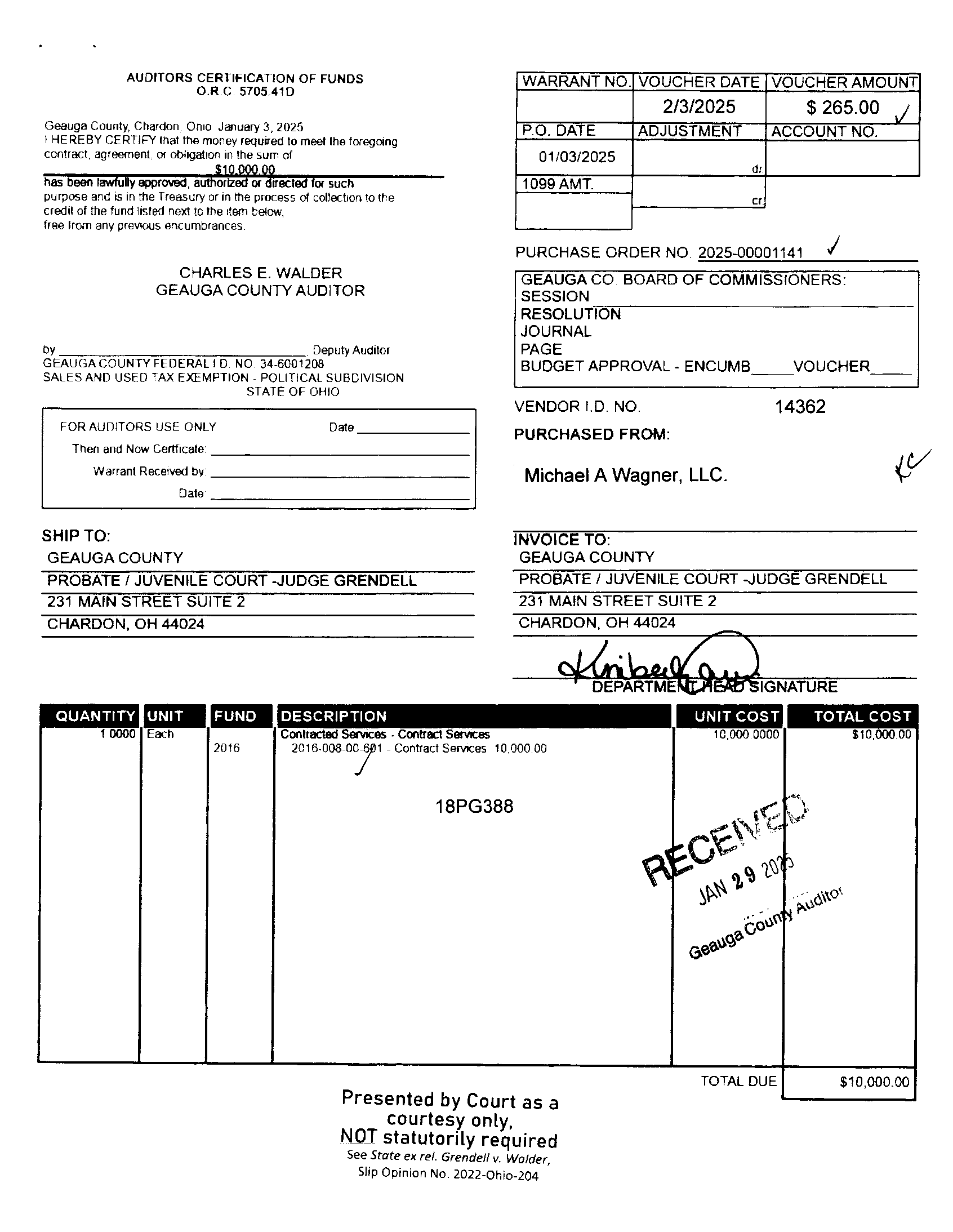 Auditor's Certification of Funds