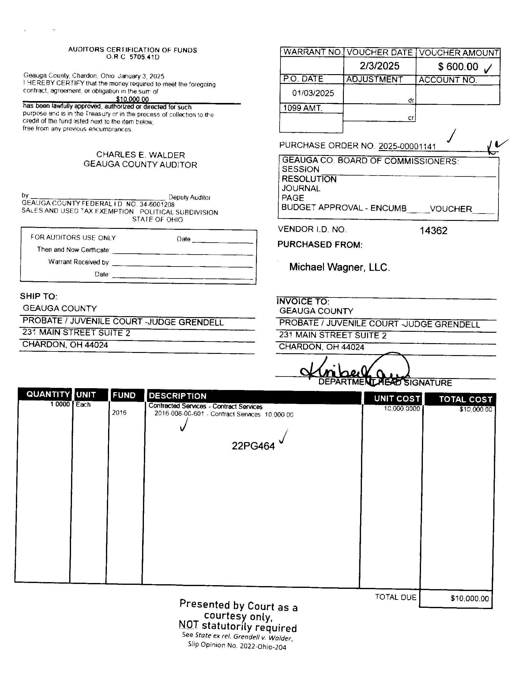 Auditor's Certification of Funds