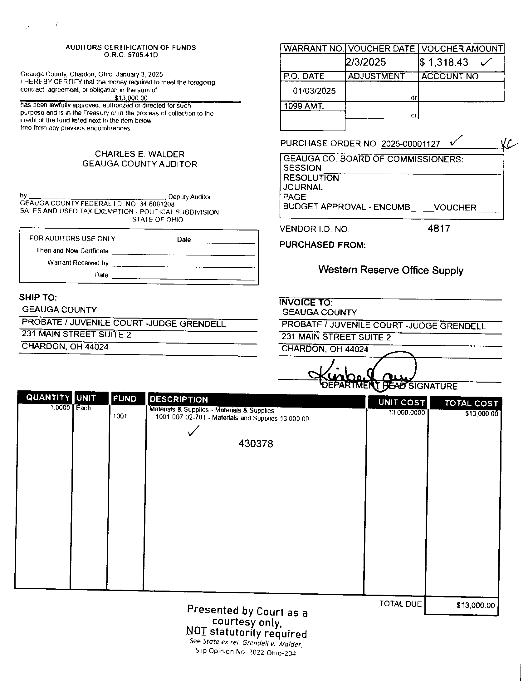Auditor's Certification of Funds