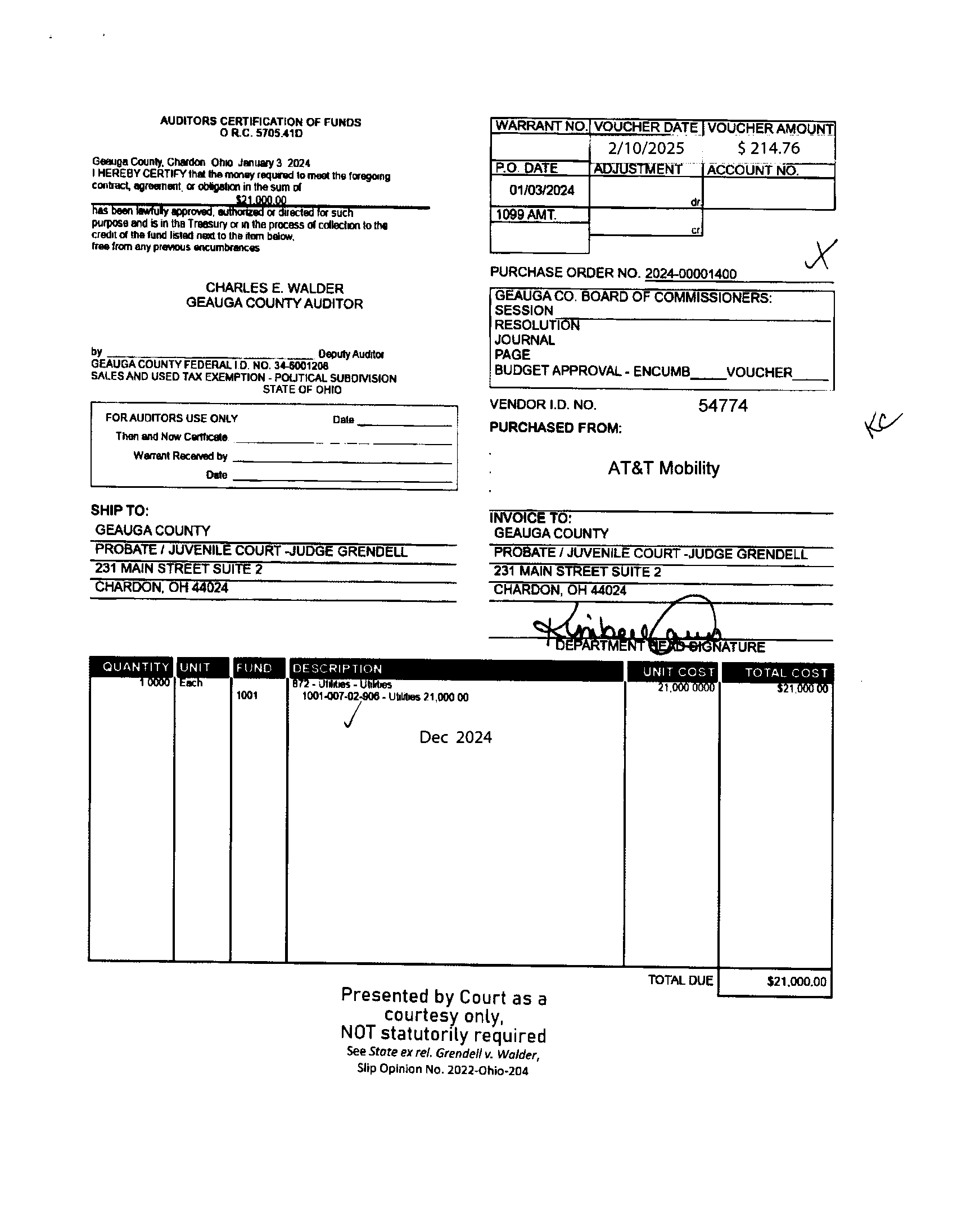 Auditor's Certification of Funds