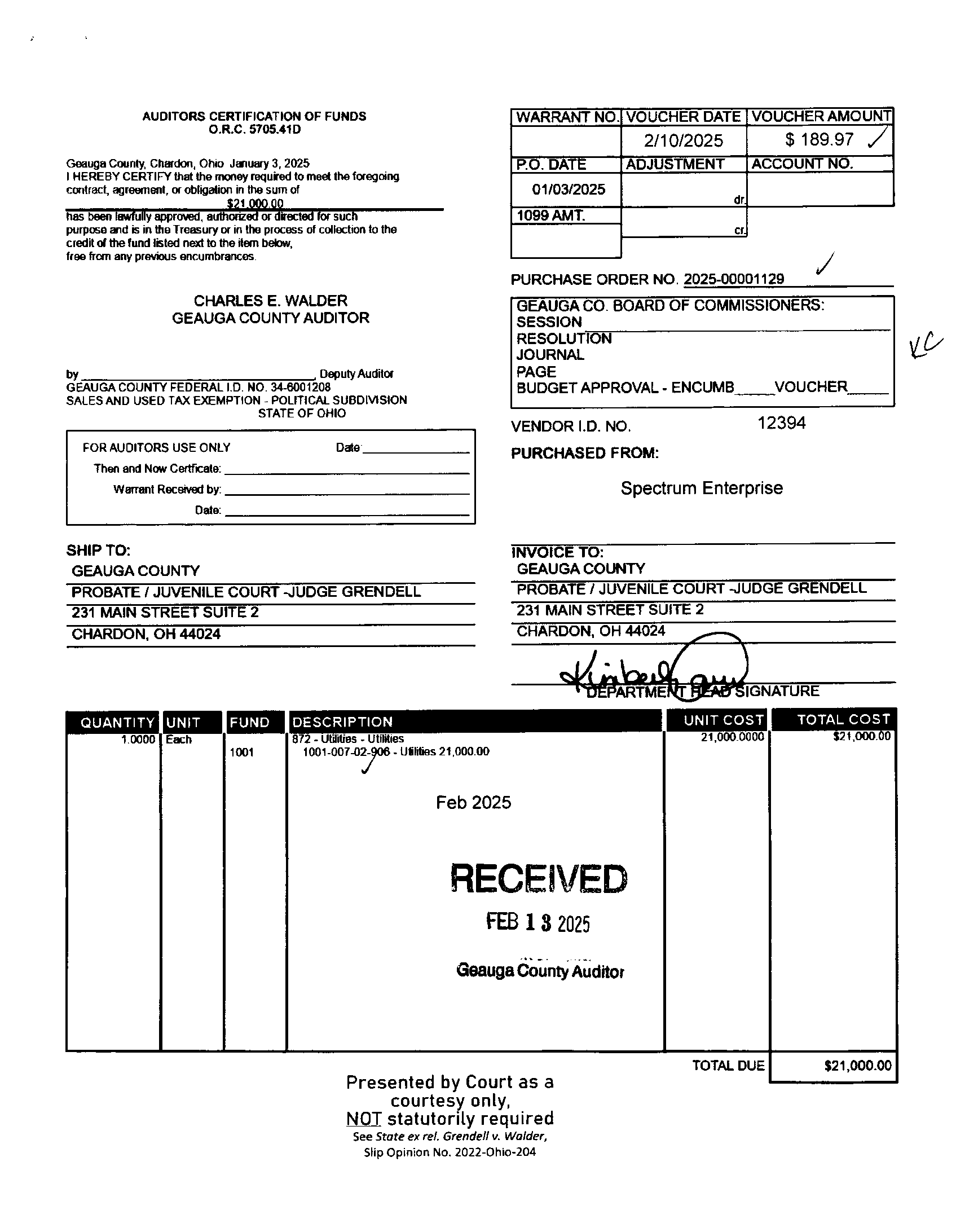 Auditor's Certification of Funds