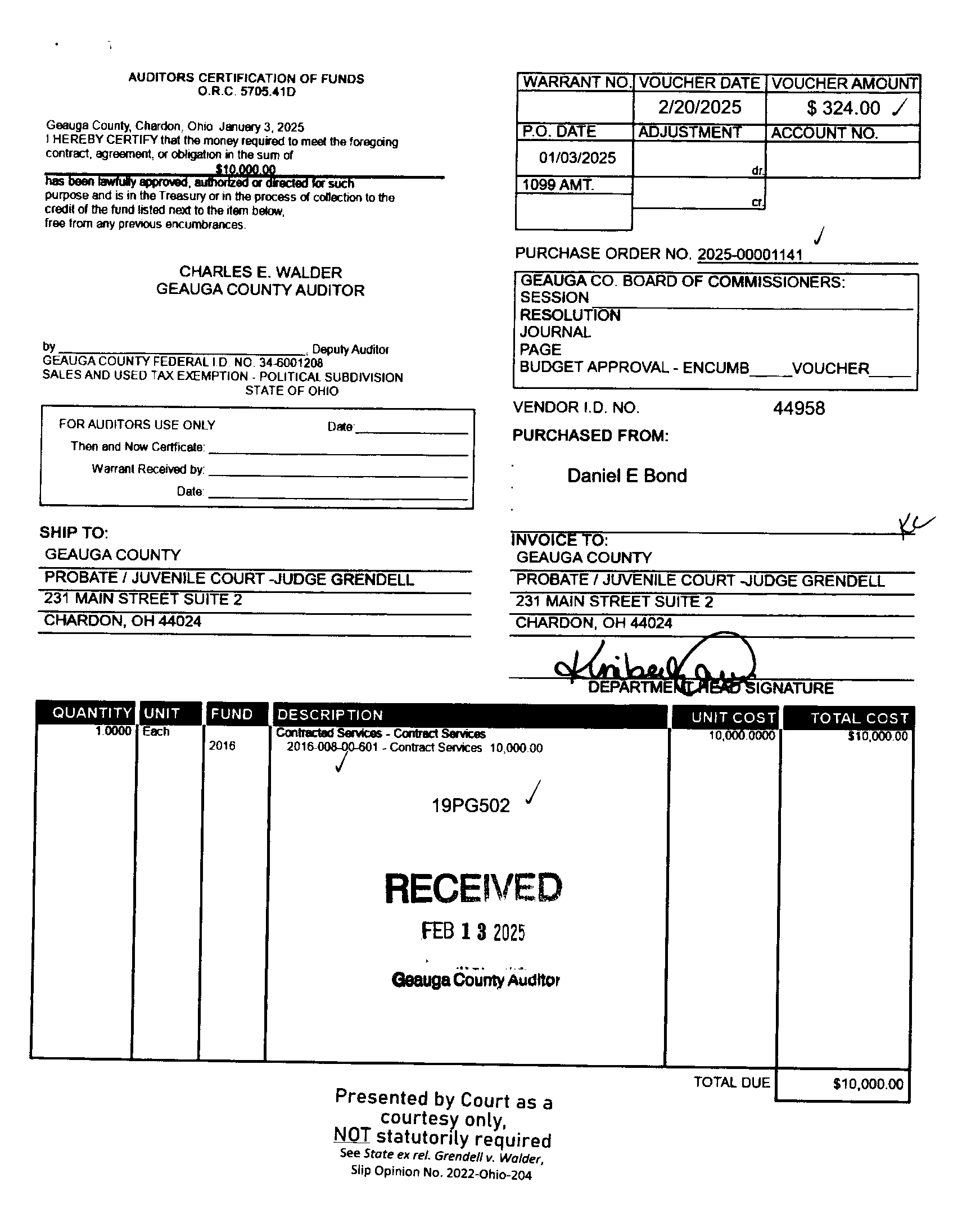 Auditor's Certification of Funds
