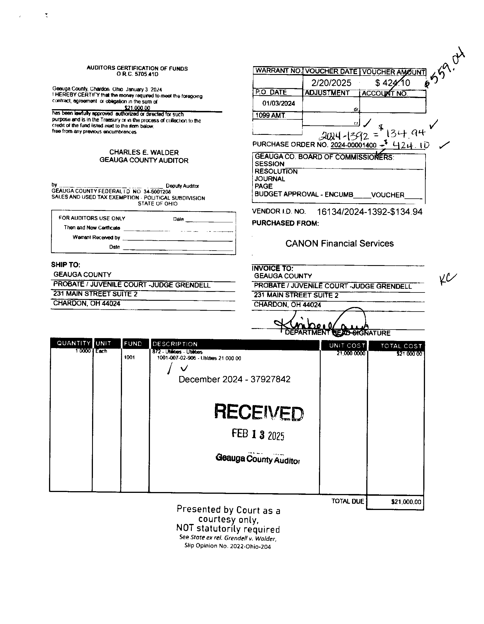 Auditor's Certification of Funds