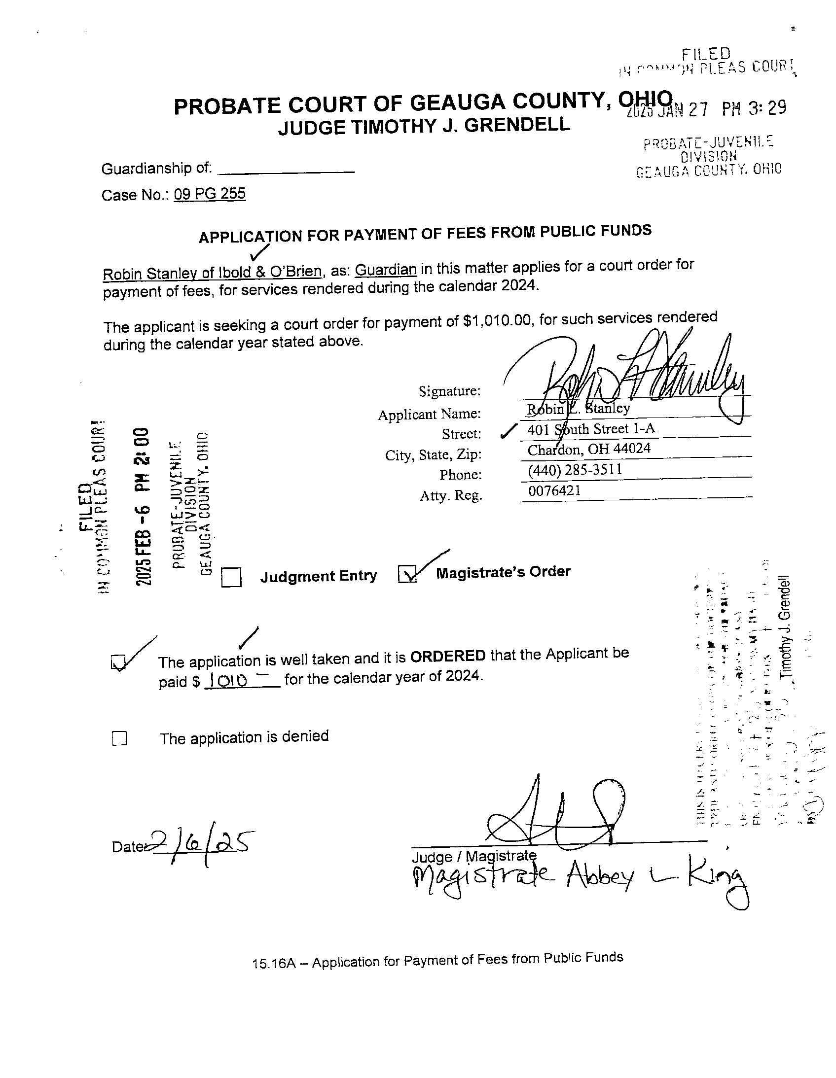 Application for Payment of Fees From Public Funds