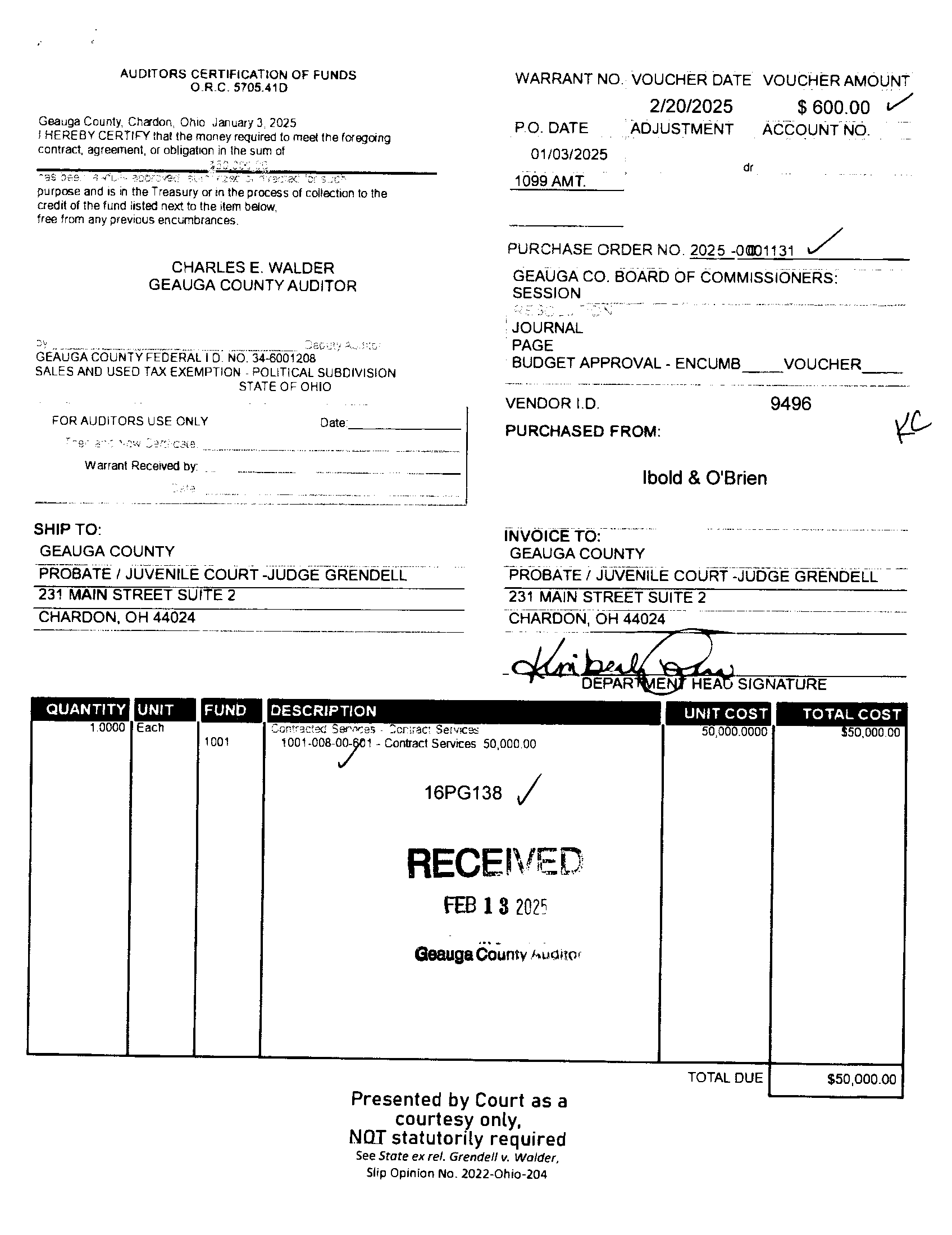 Auditor's Certification of Funds