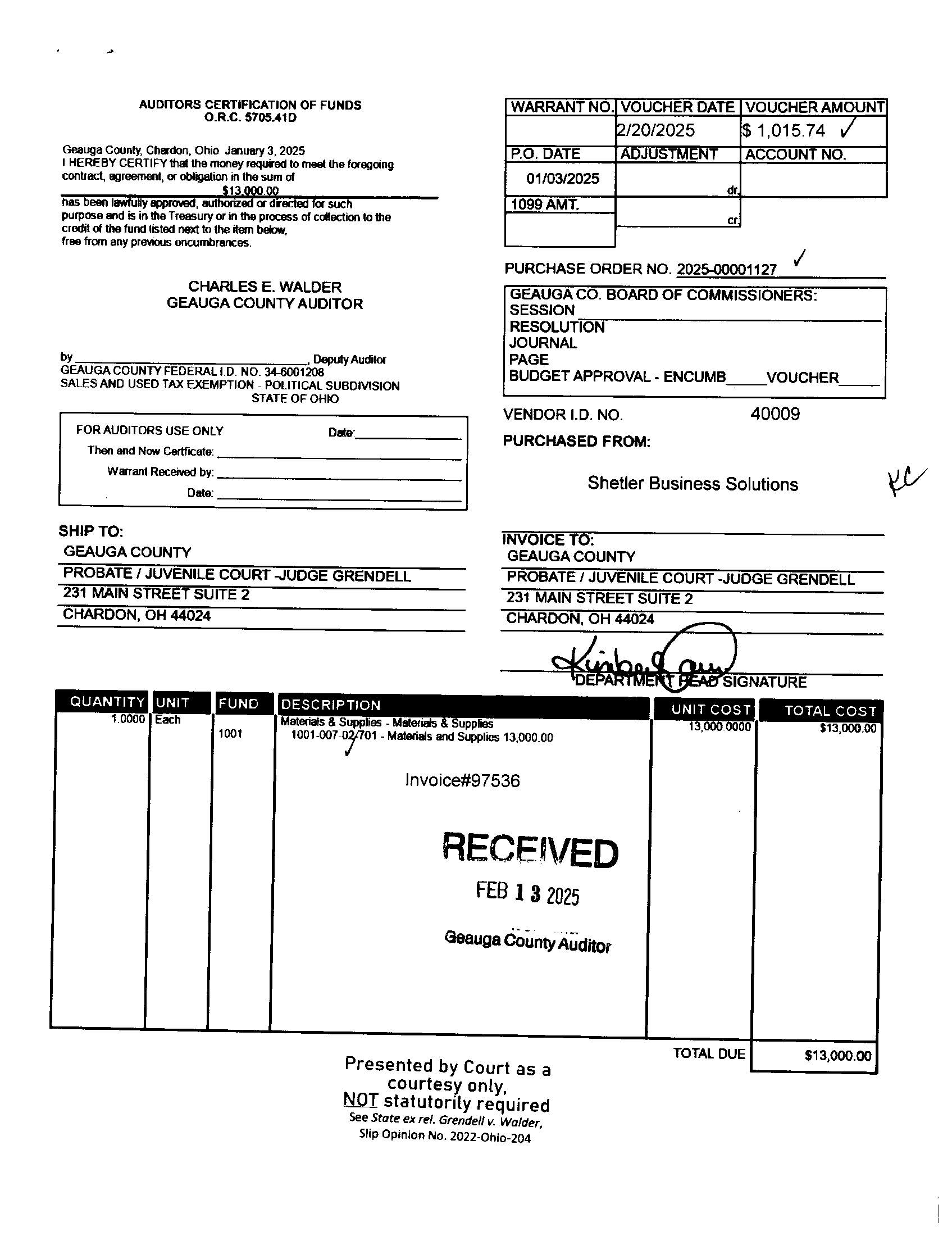 Auditor's Certification of Funds