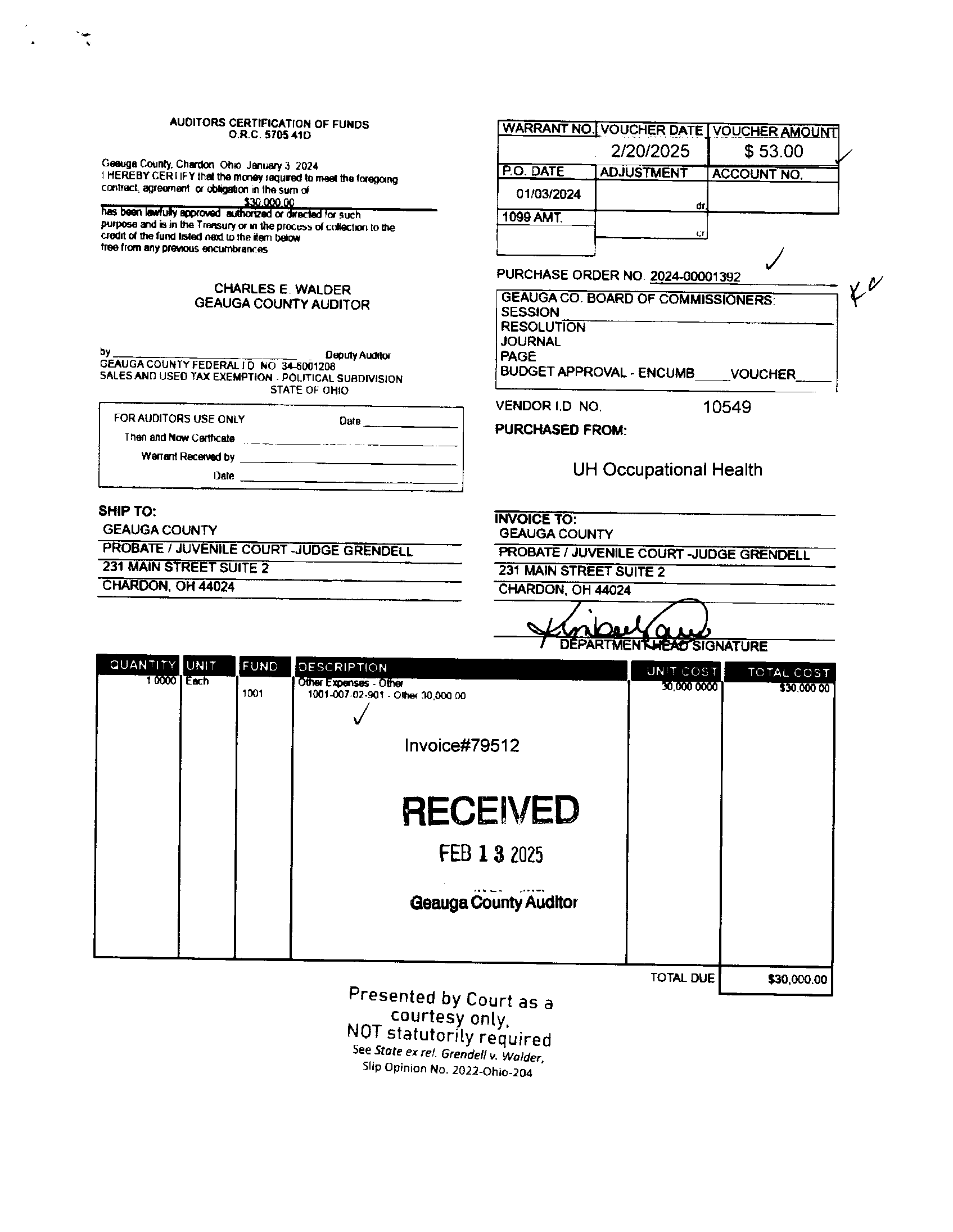 Auditor's Certification of Funds