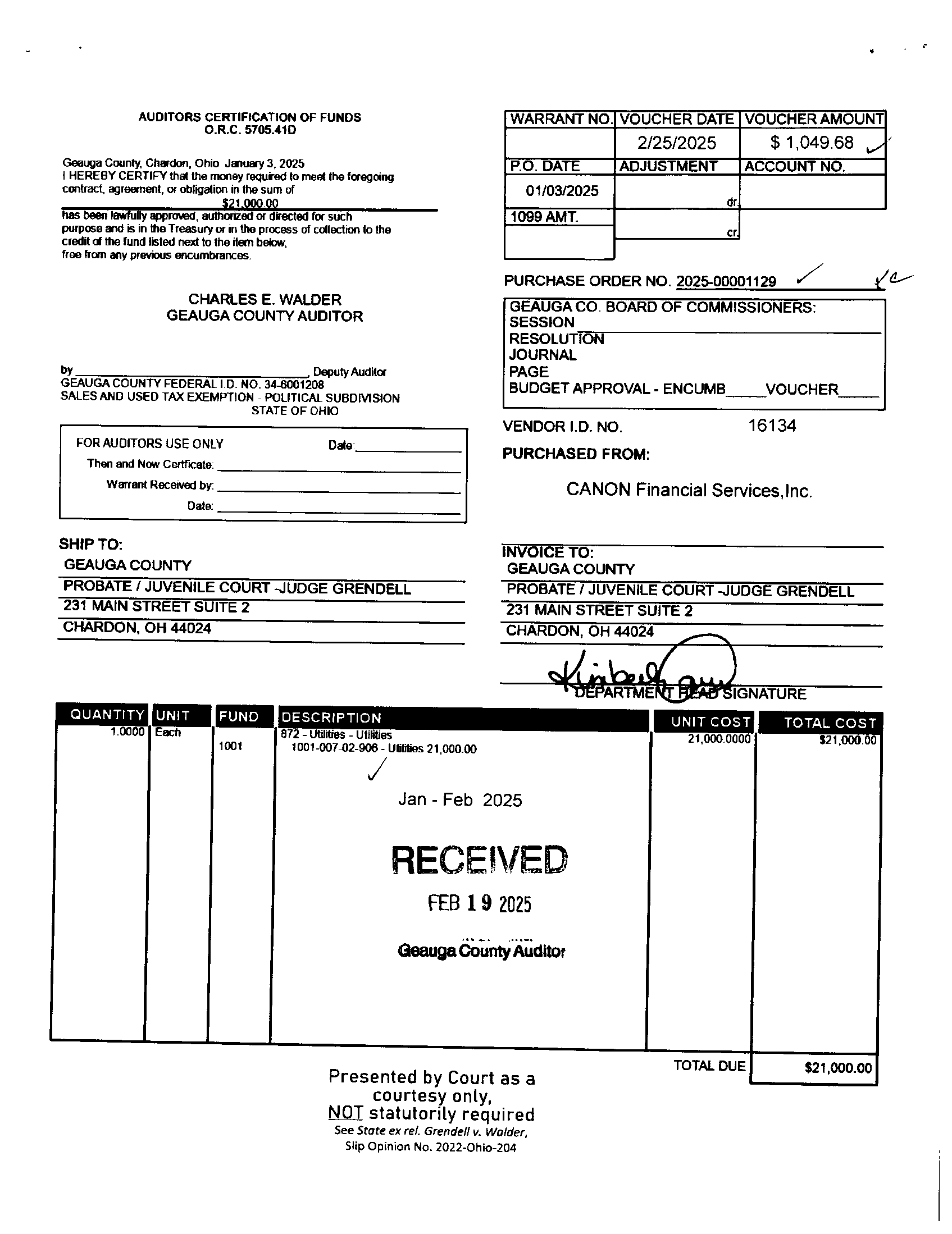 Auditor's Certification of Funds
