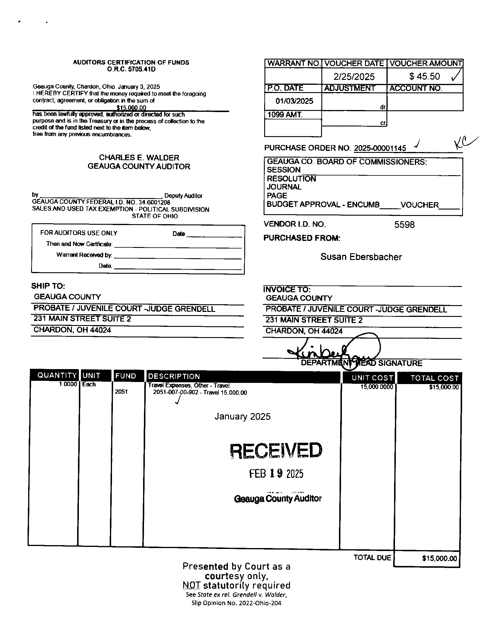 Auditor's Certification of Funds