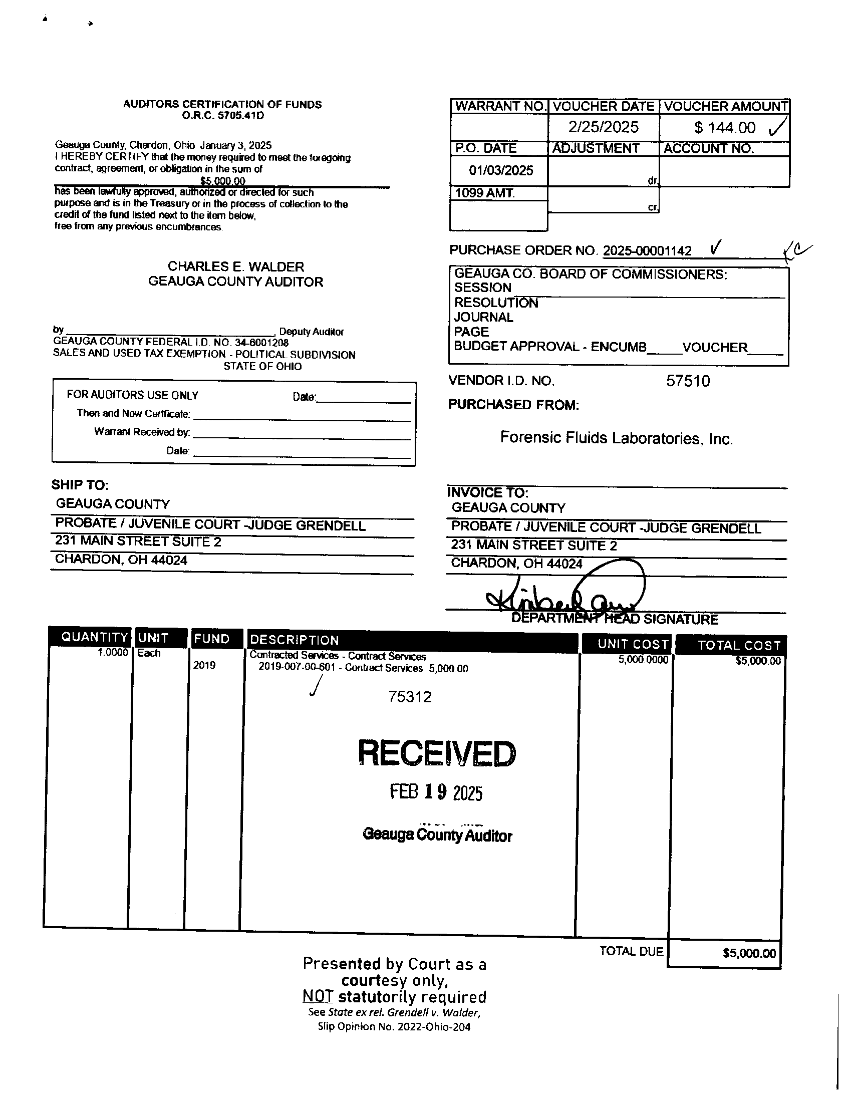 Auditor's Certification of Funds
