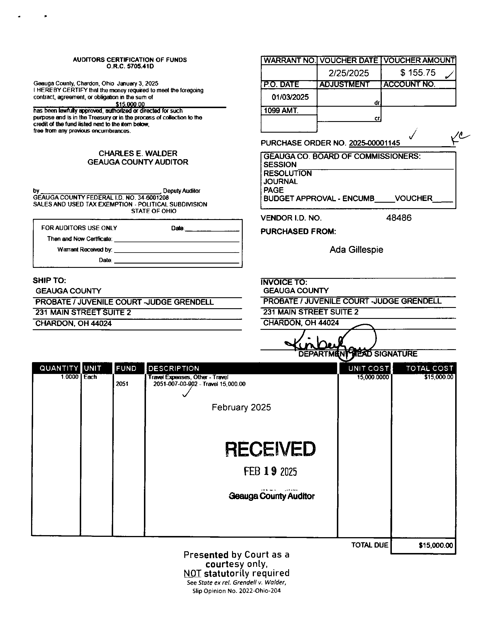 Auditor's Certification of Funds