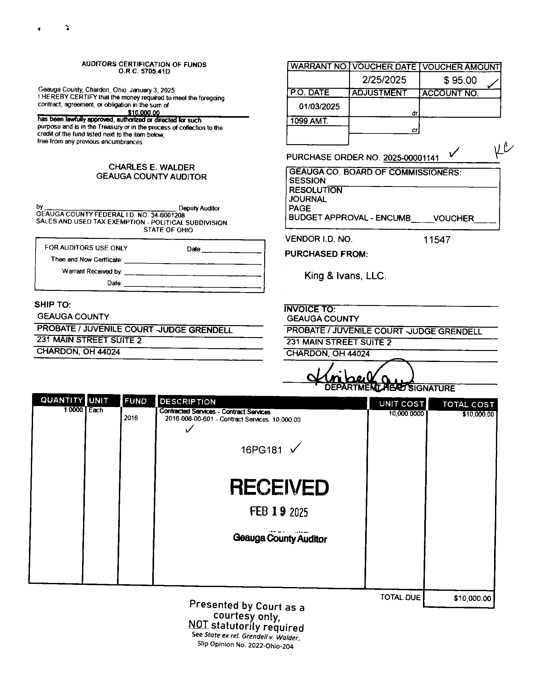 Auditor's Certification of Funds