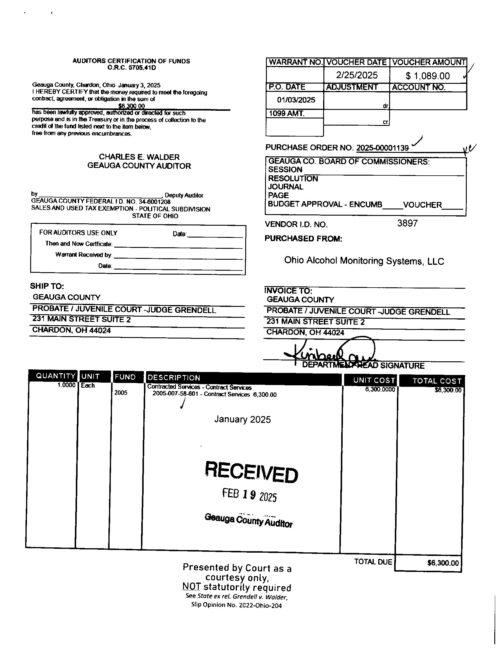Auditor's Certification of Funds