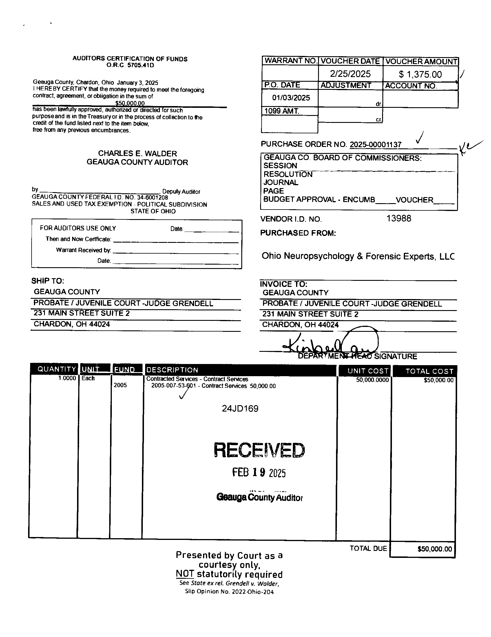 Auditor's Certification of Funds