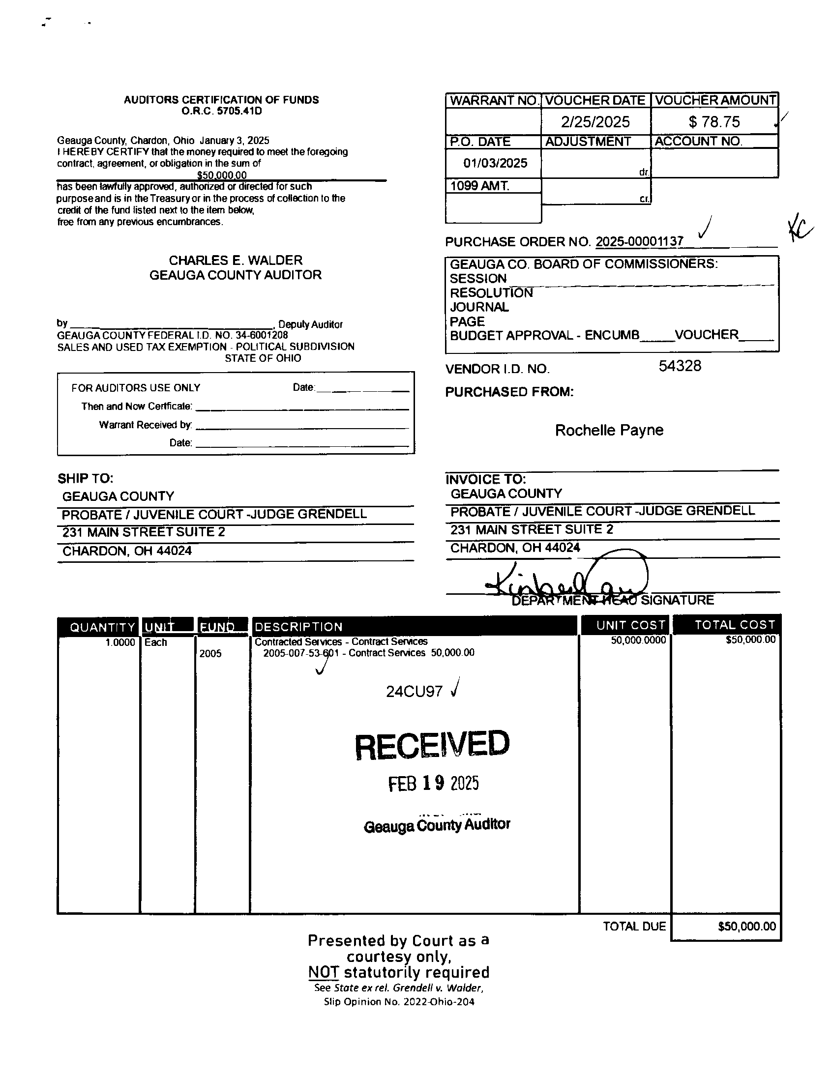 Auditor's Certification of Funds