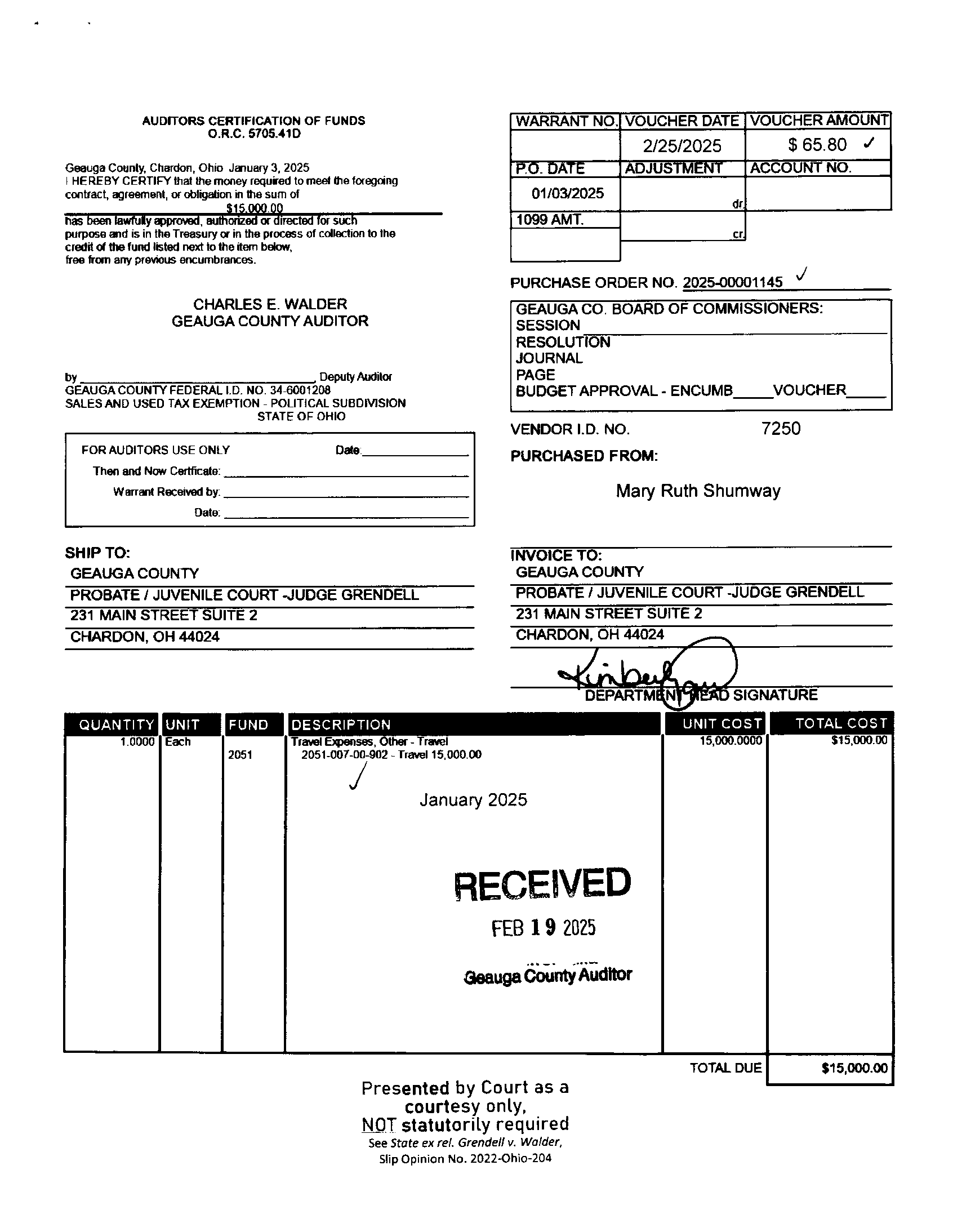 Auditor's Certification of Funds