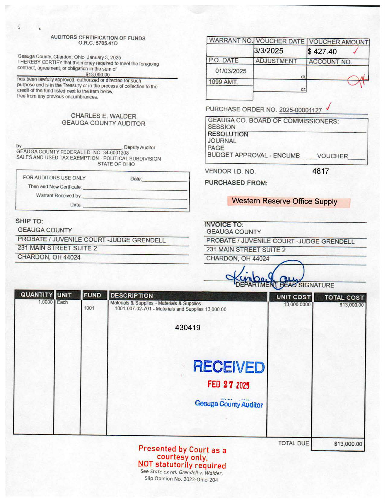 Auditor's Certification of Funds