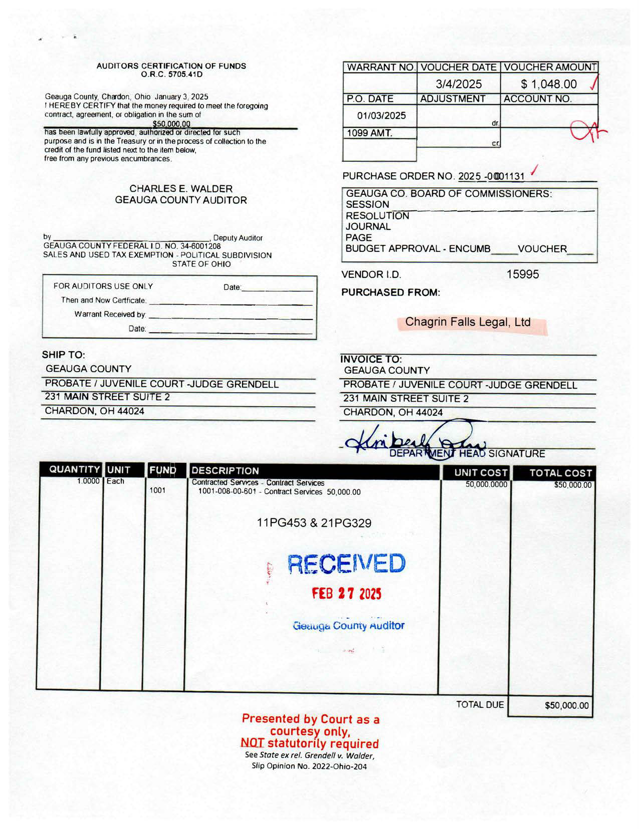 Auditor's Certification of Funds
