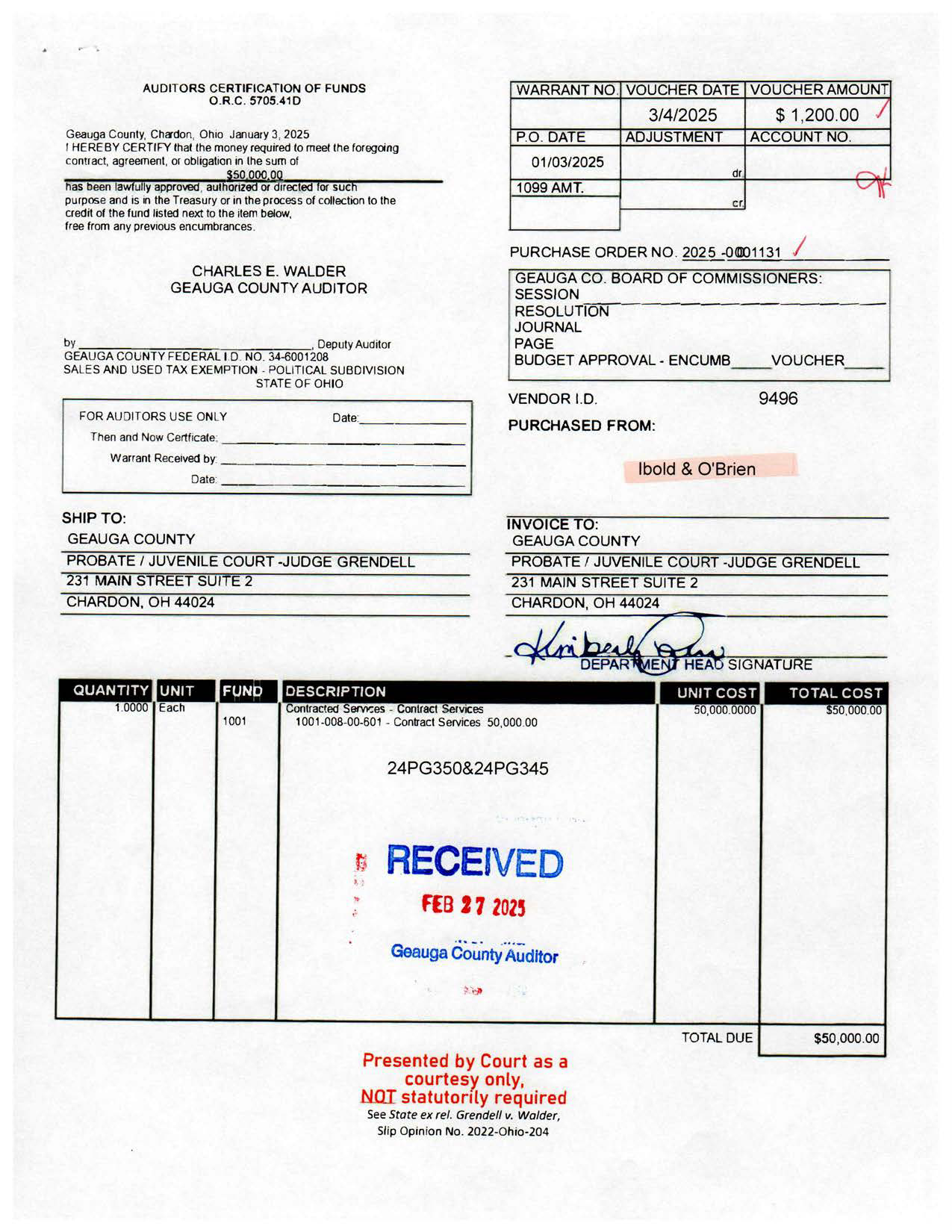 Auditor's Certification of Funds