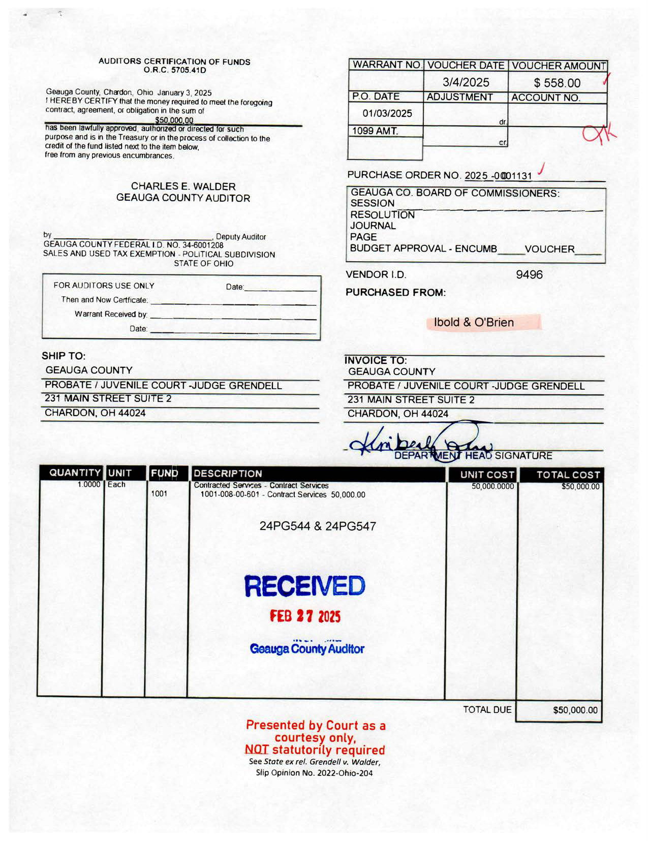 Auditor's Certification of Funds