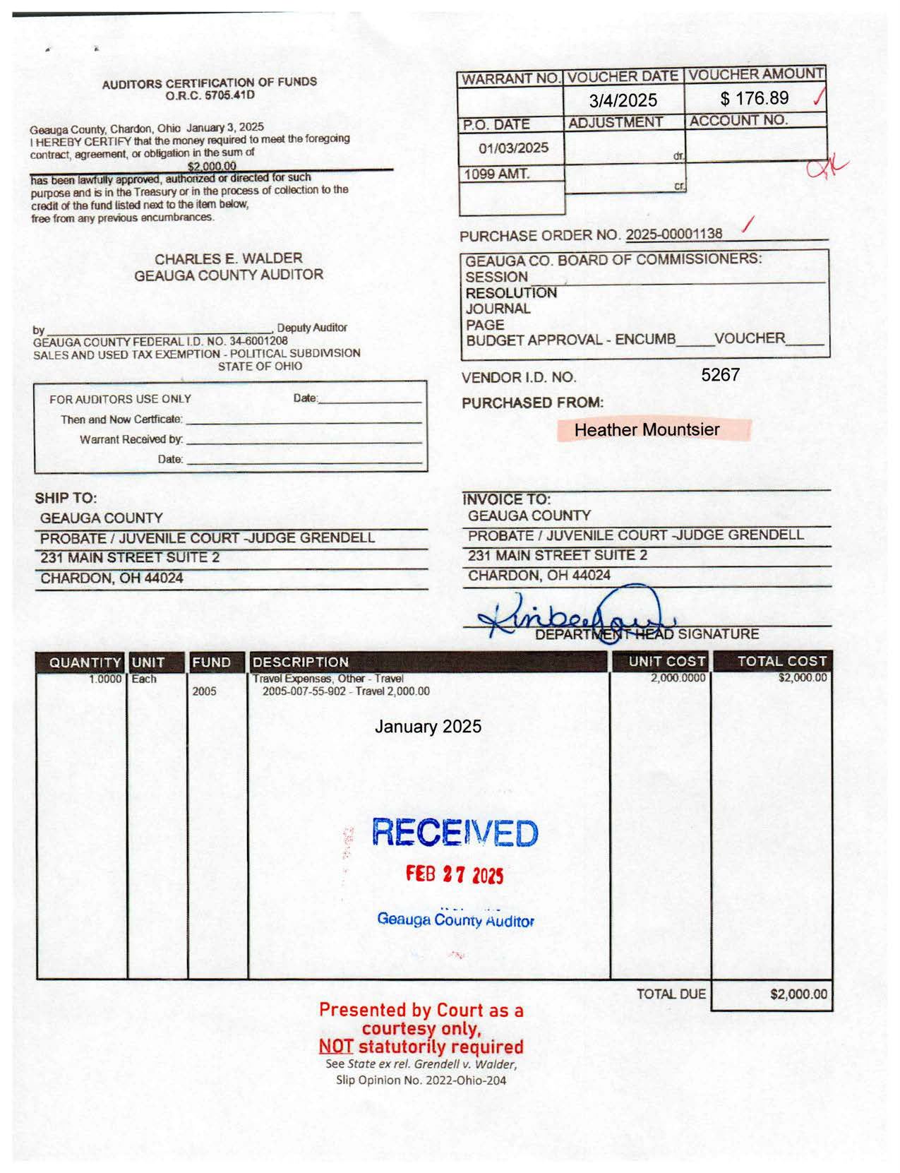 Auditor's Certification of Funds
