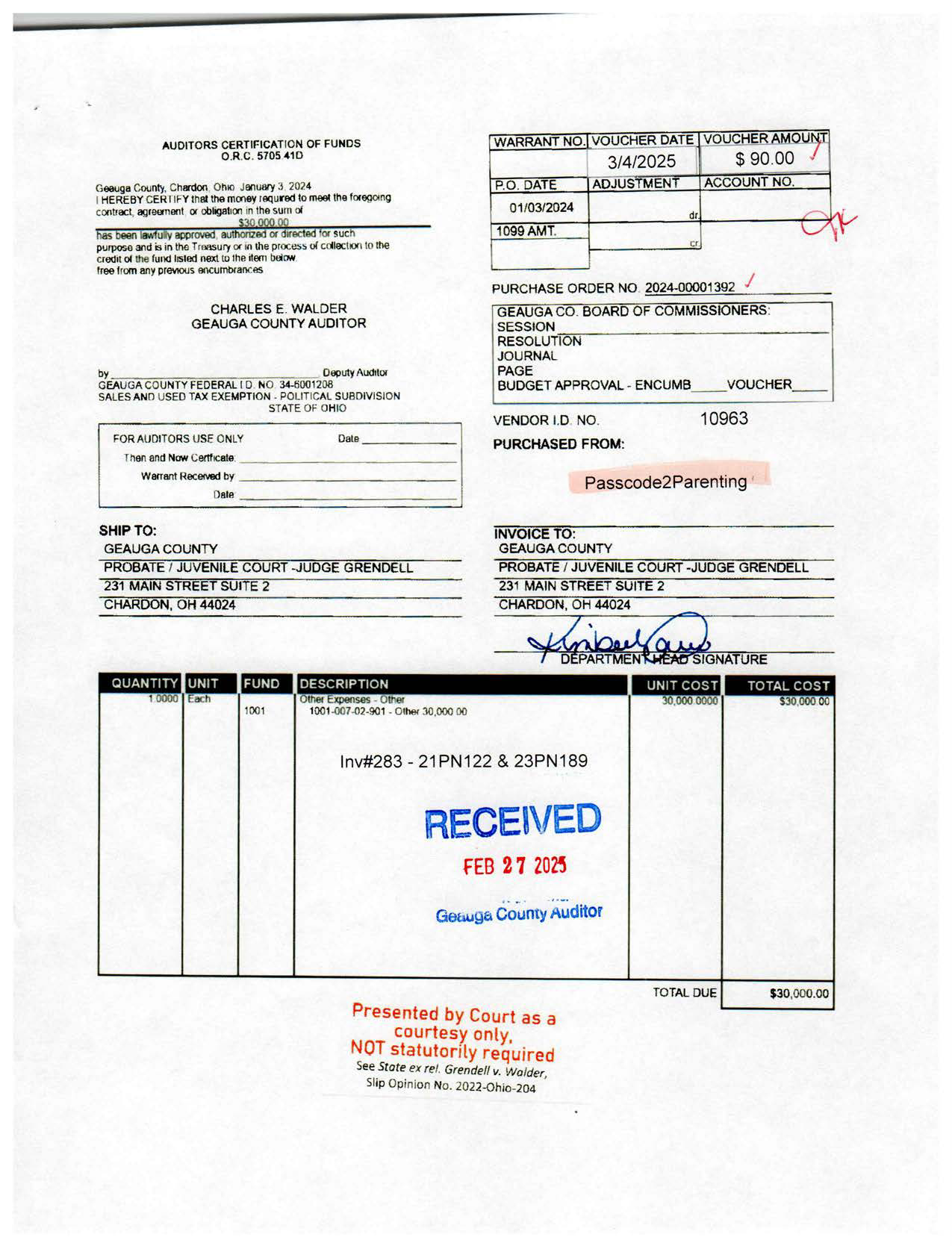 Auditor's Certification of Funds