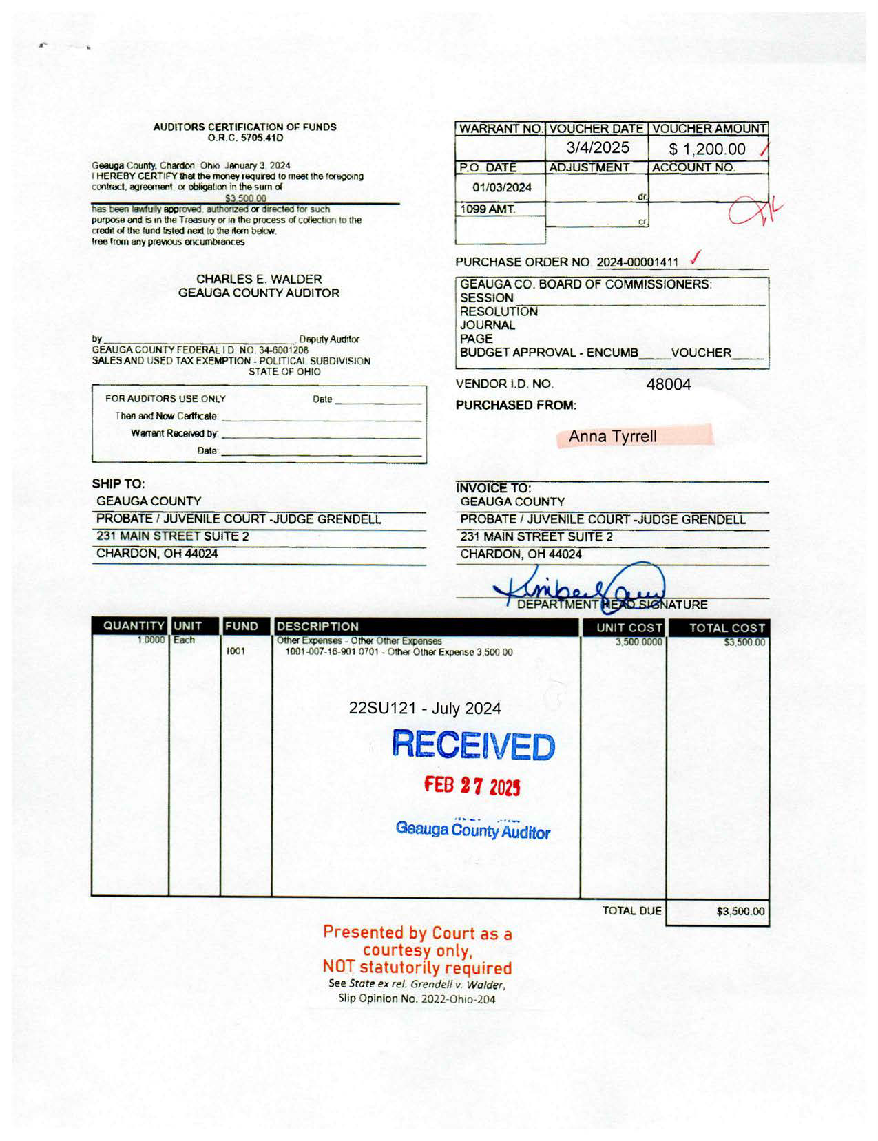 Auditor's Certification of Funds