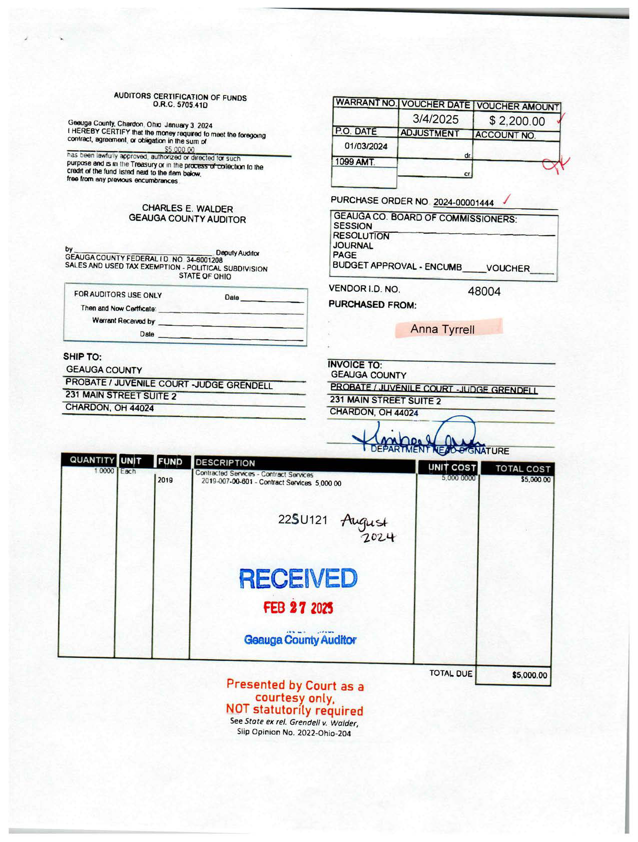 Auditor's Certification of Funds