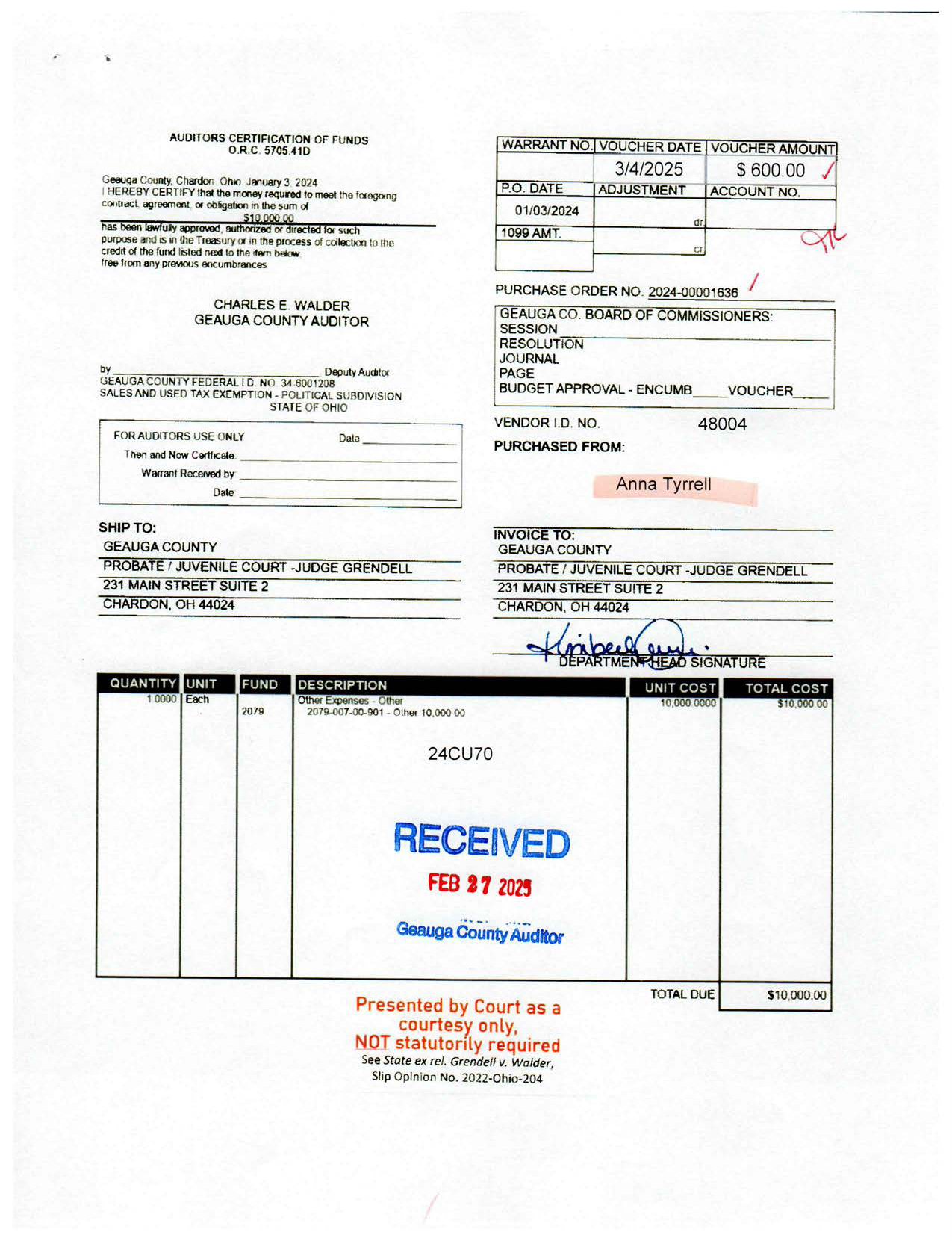 Auditor's Certification of Funds