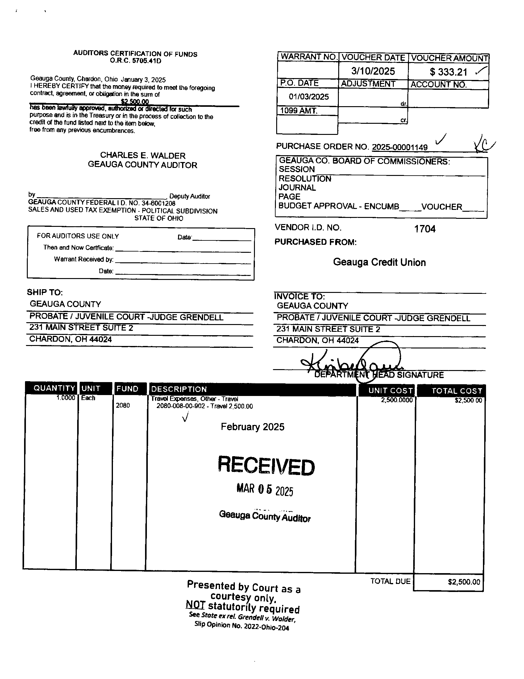 Auditor's Certification of Funds