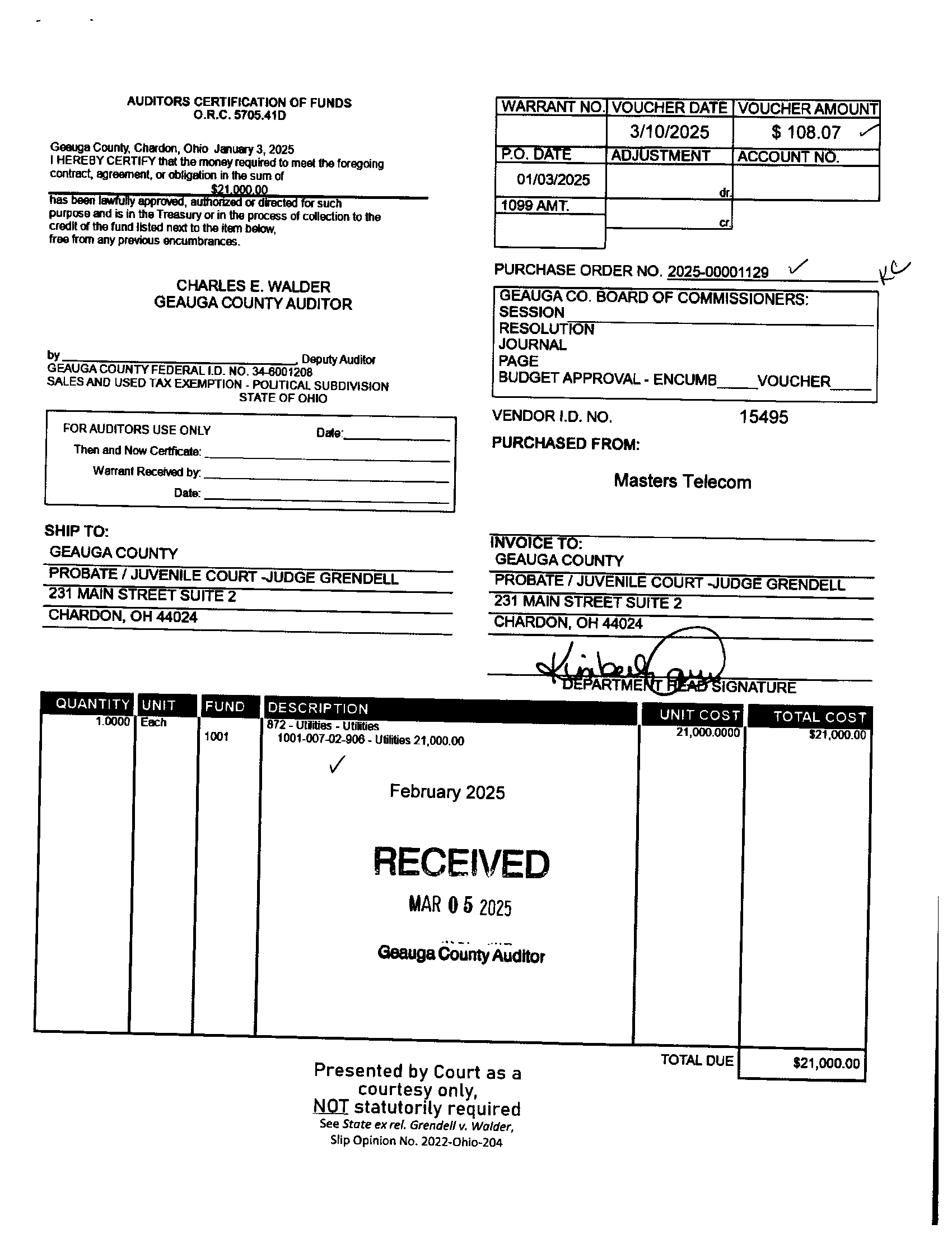 Auditor's Certification of Funds