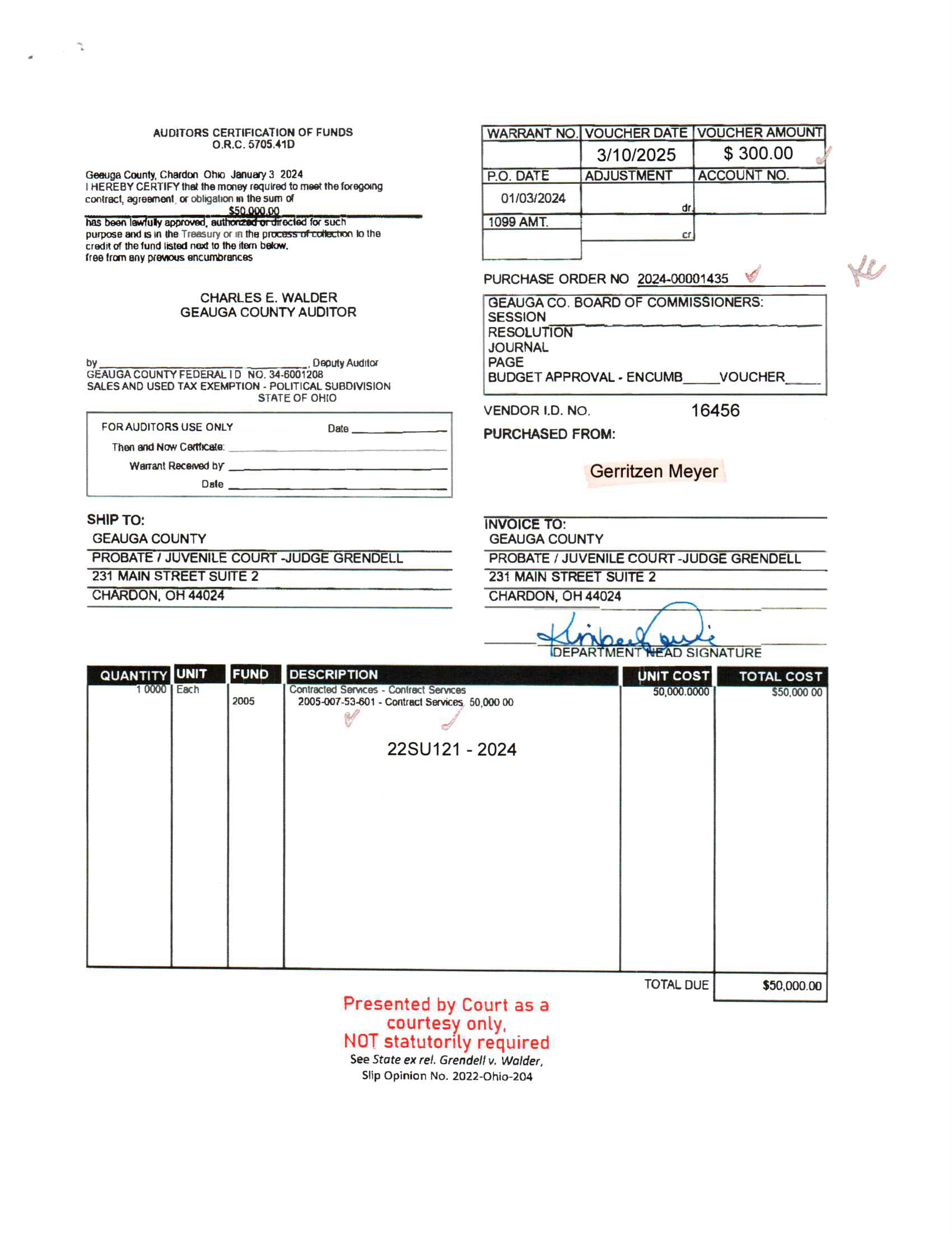 Auditor's Certification of Funds