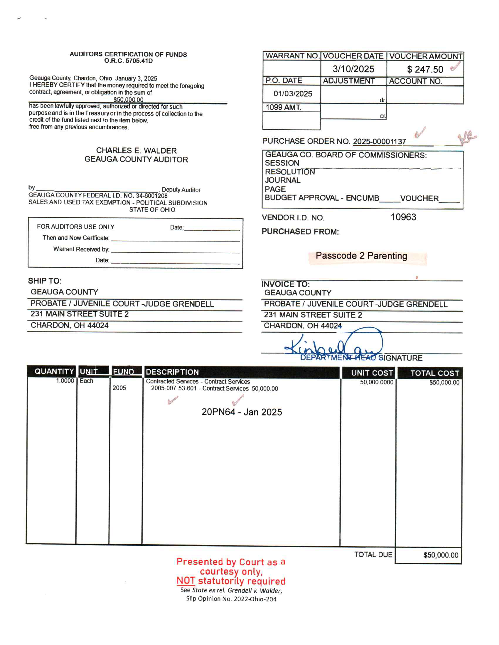 Auditor's Certification of Funds