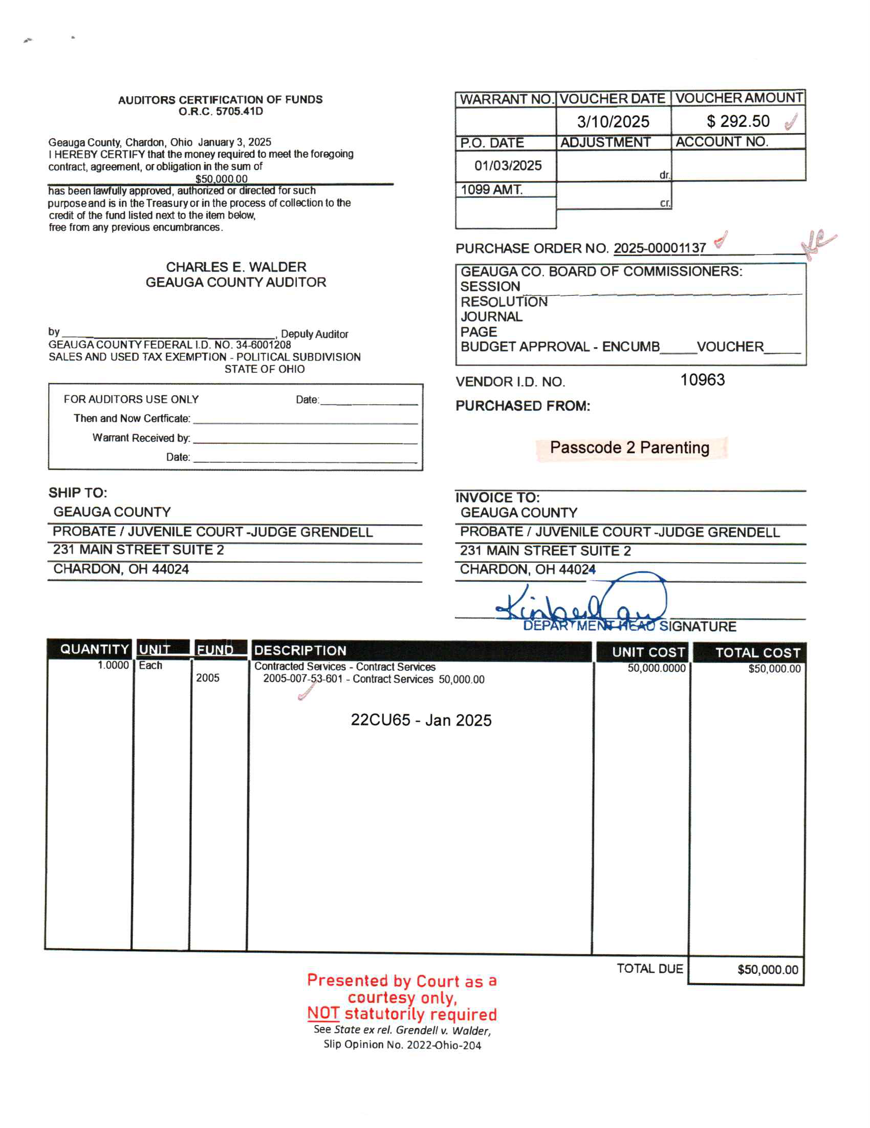 Auditor's Certification of Funds