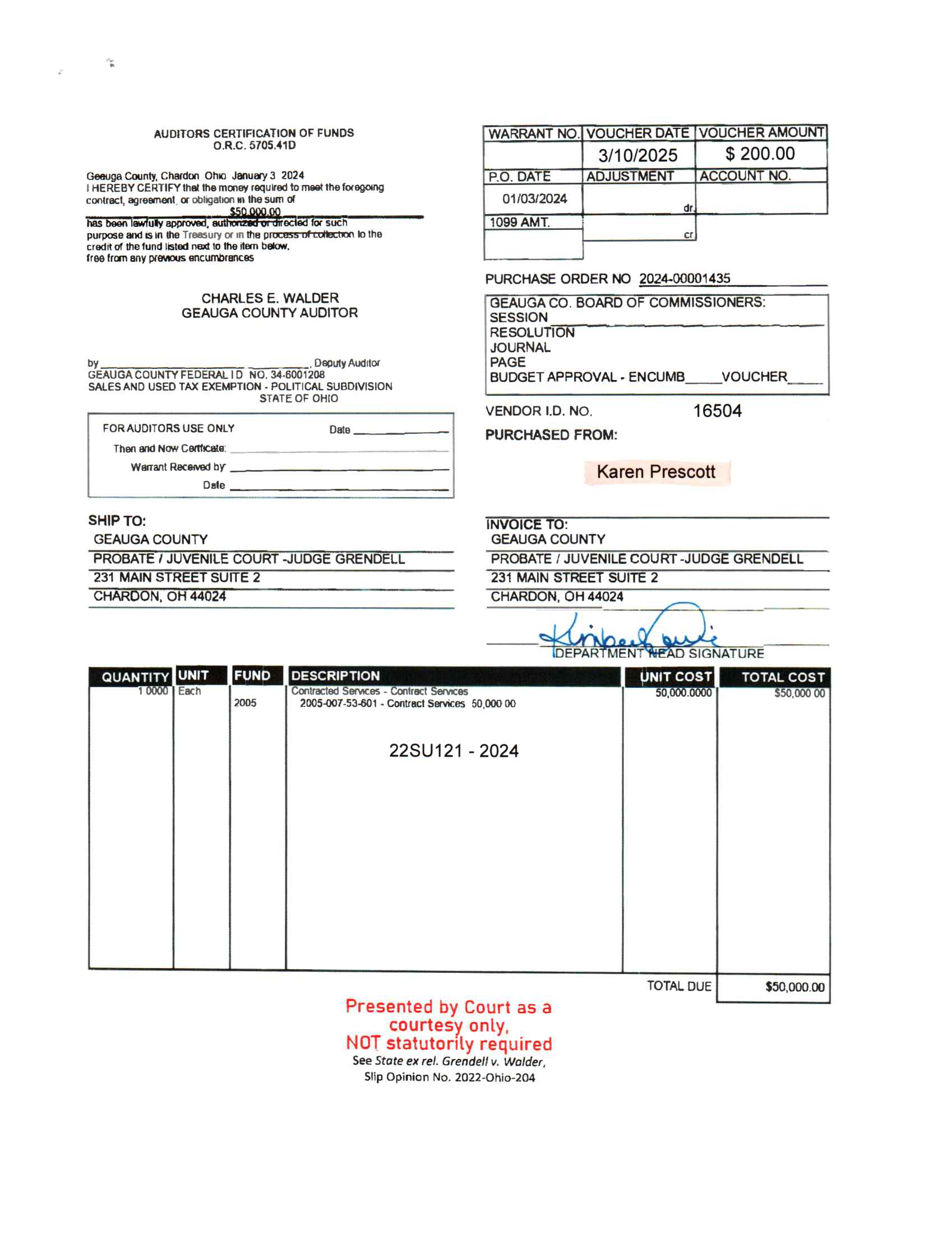 Auditor's Certification of Funds