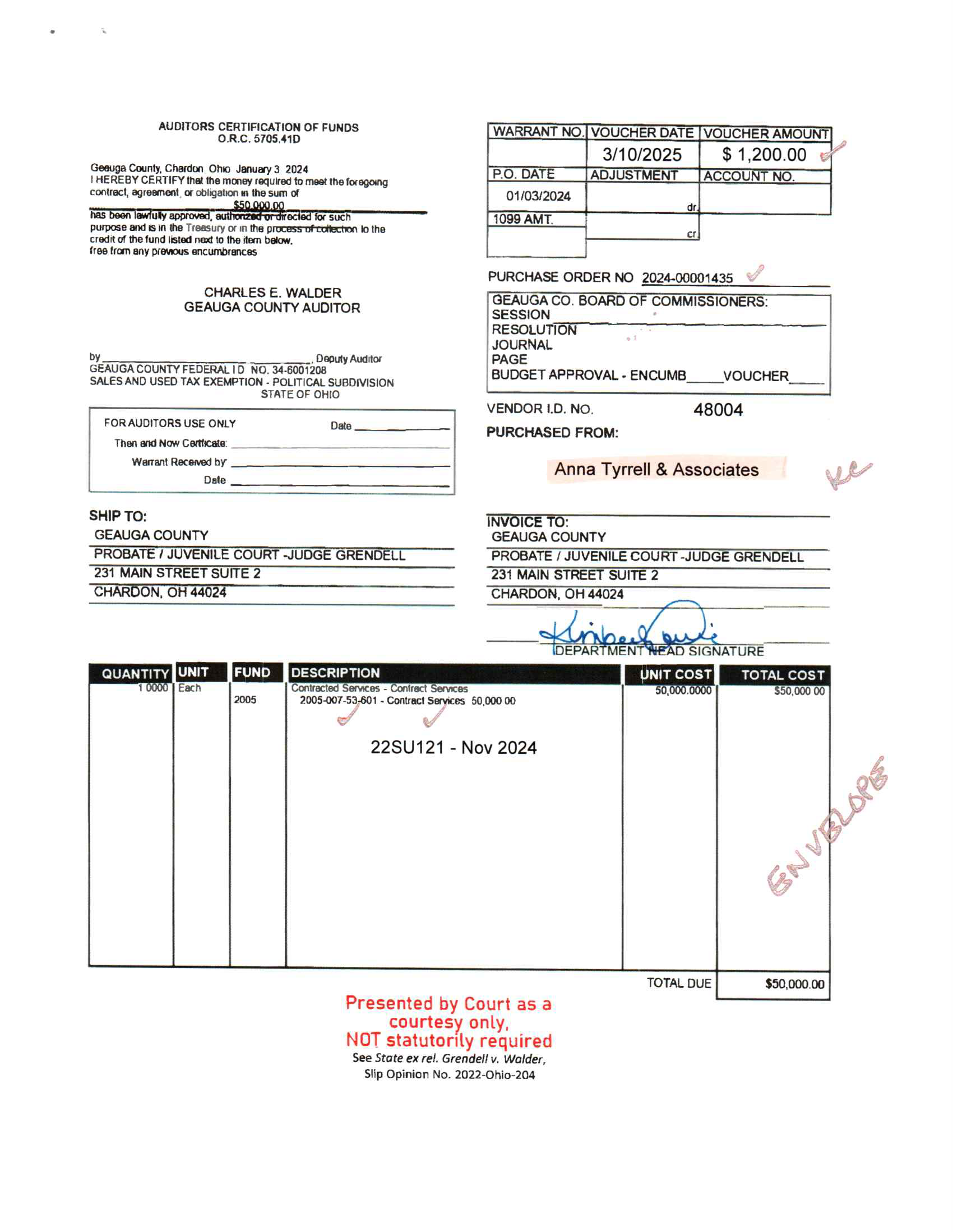 Auditor's Certification of Funds