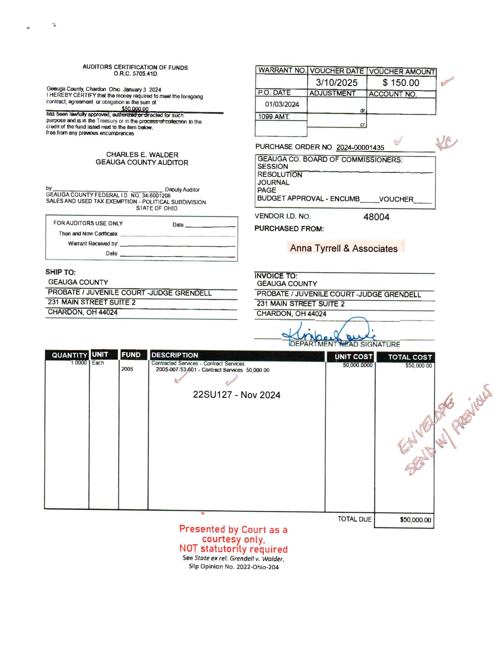 Auditor's Certification of Funds