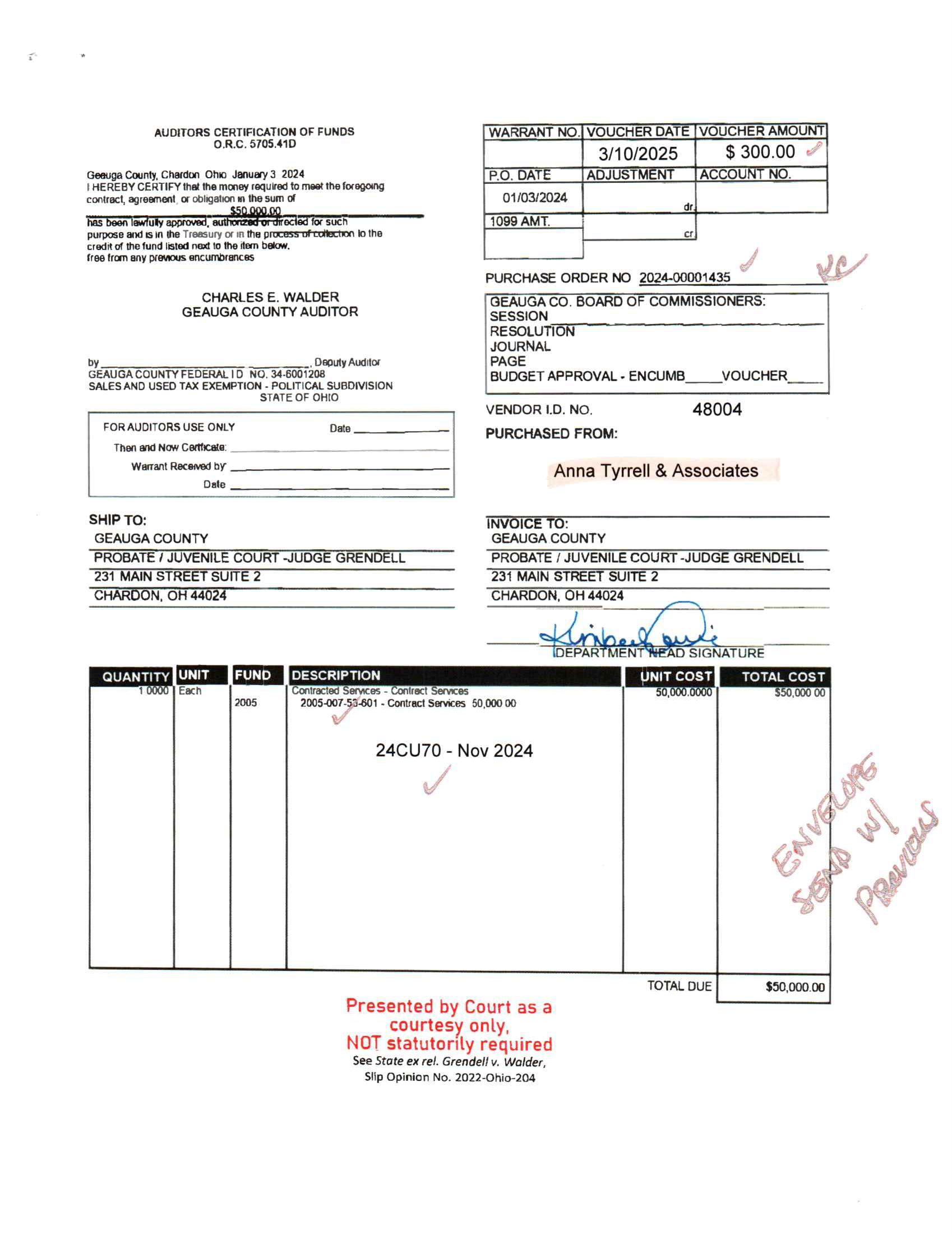 Auditor's Certification of Funds