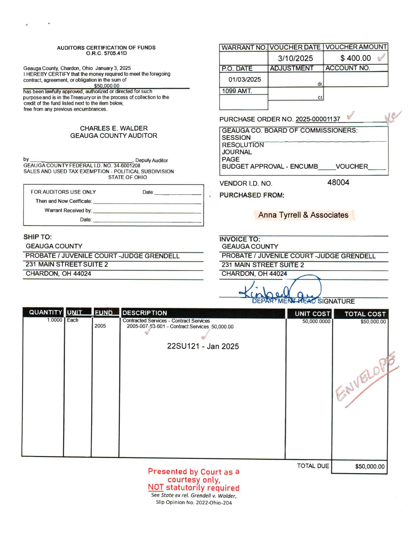 Auditor's Certification of Funds
