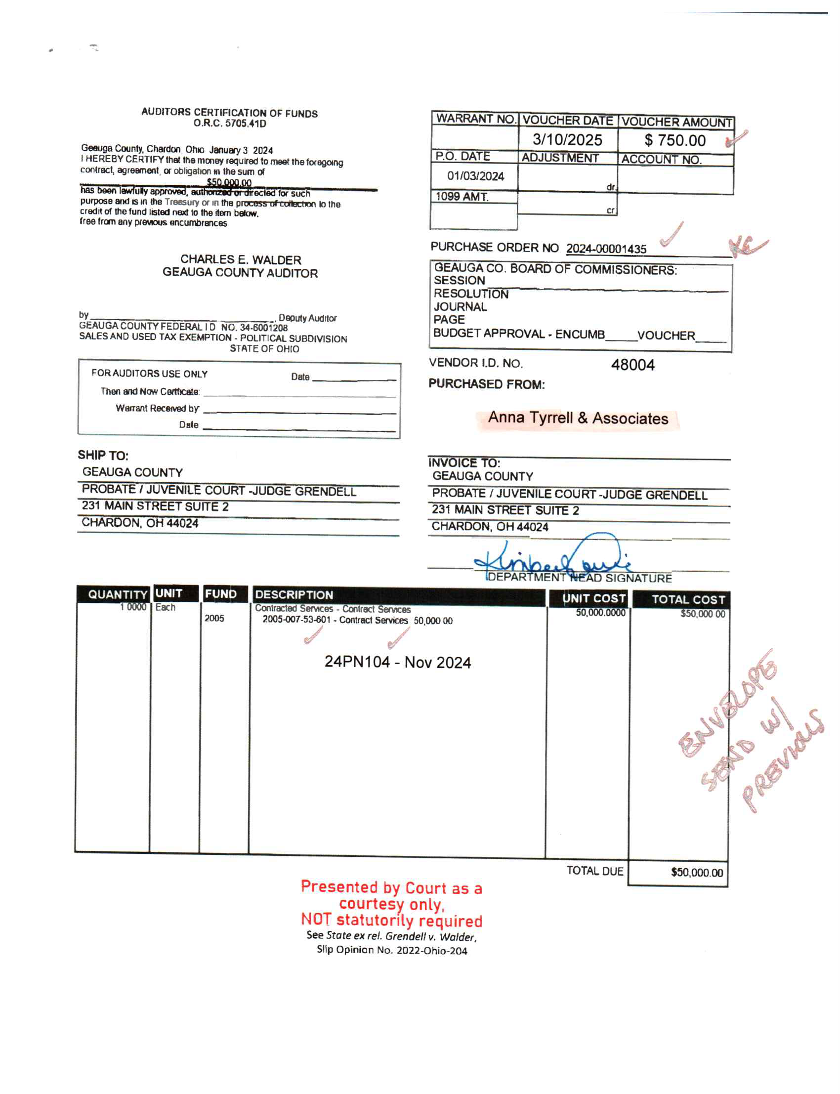 Auditor's Certification of Funds