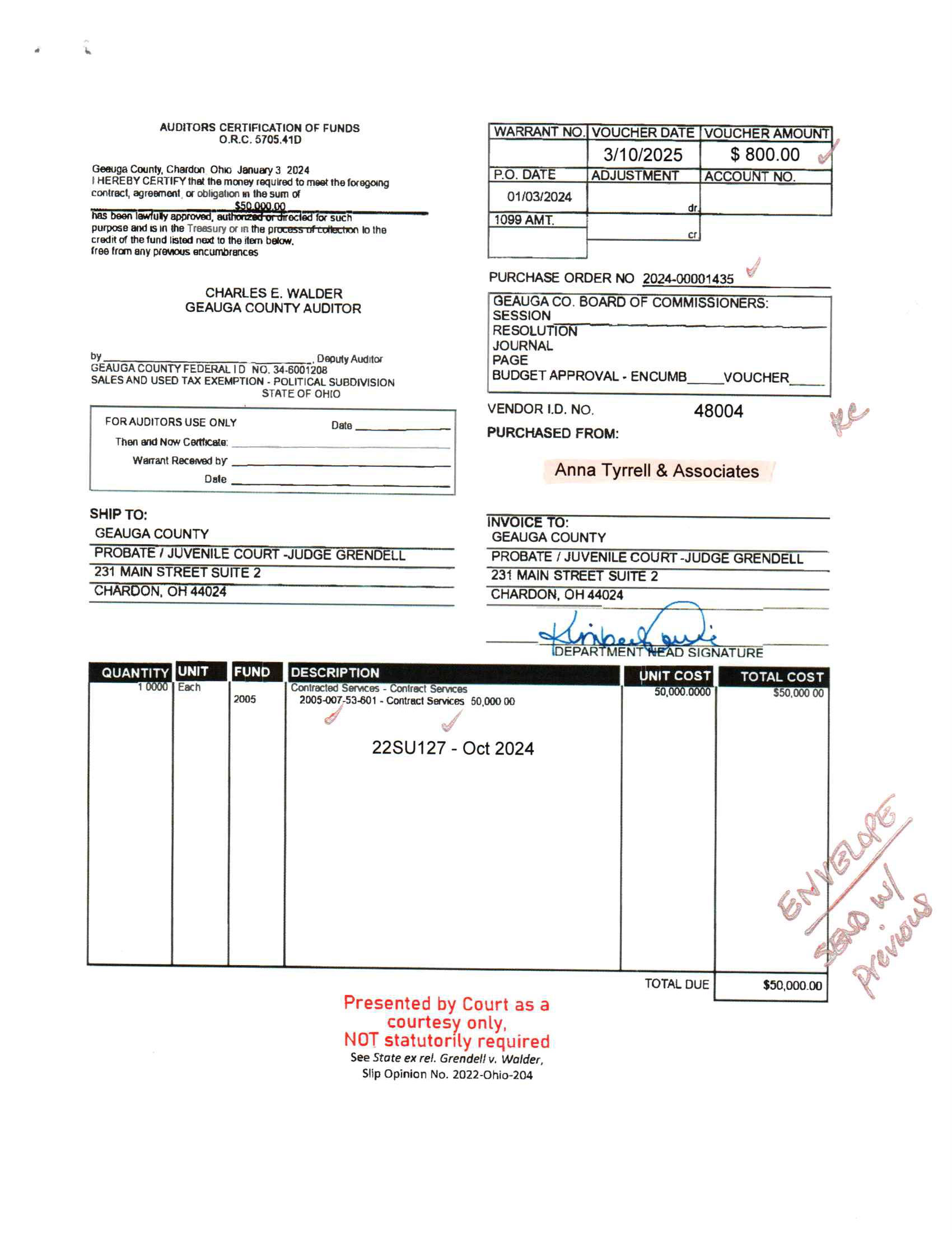 Auditor's Certification of Funds