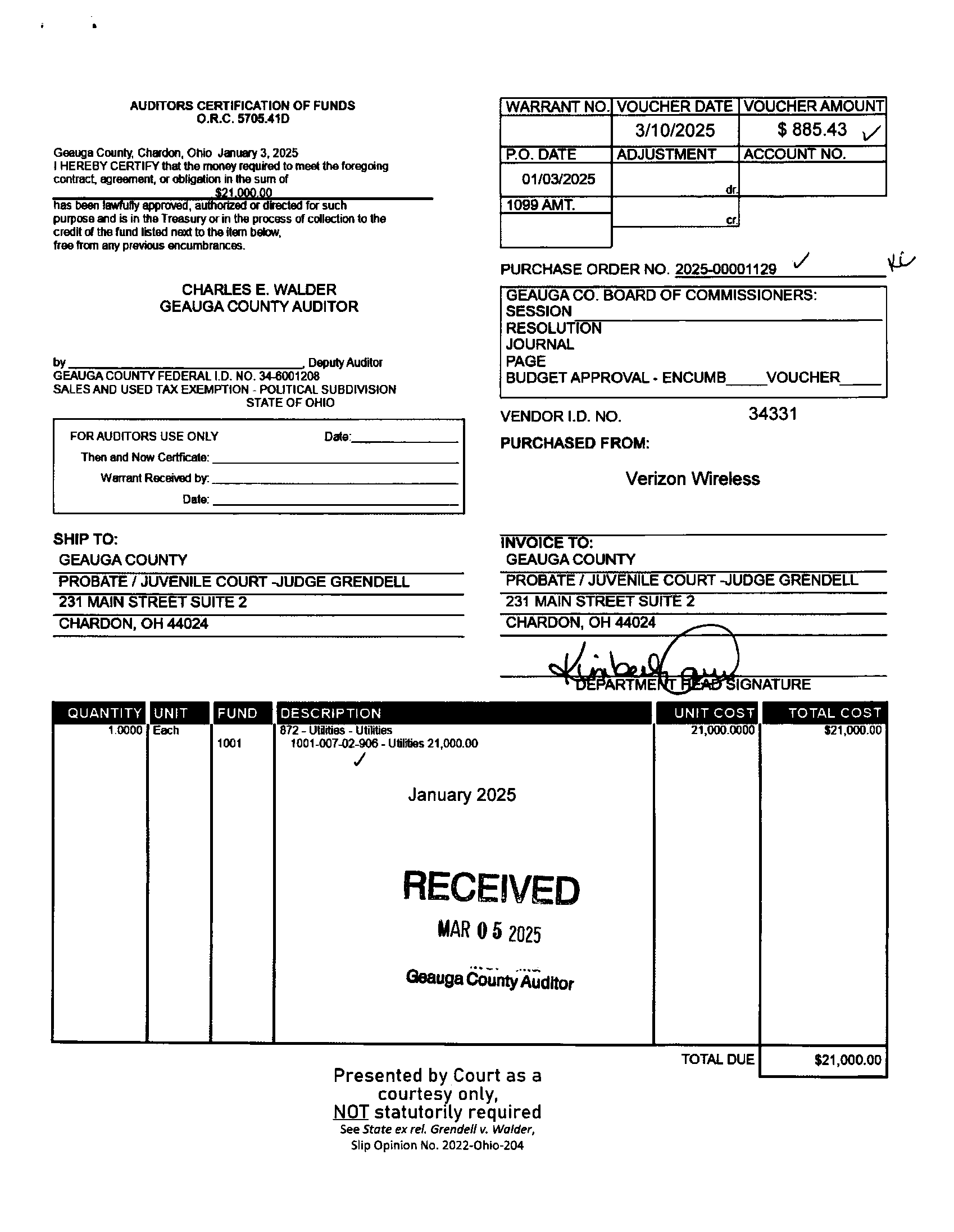 Auditor's Certification of Funds