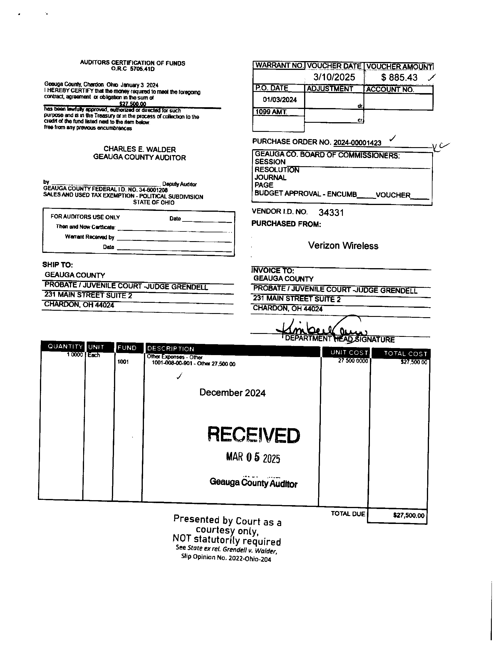 Auditor's Certification of Funds
