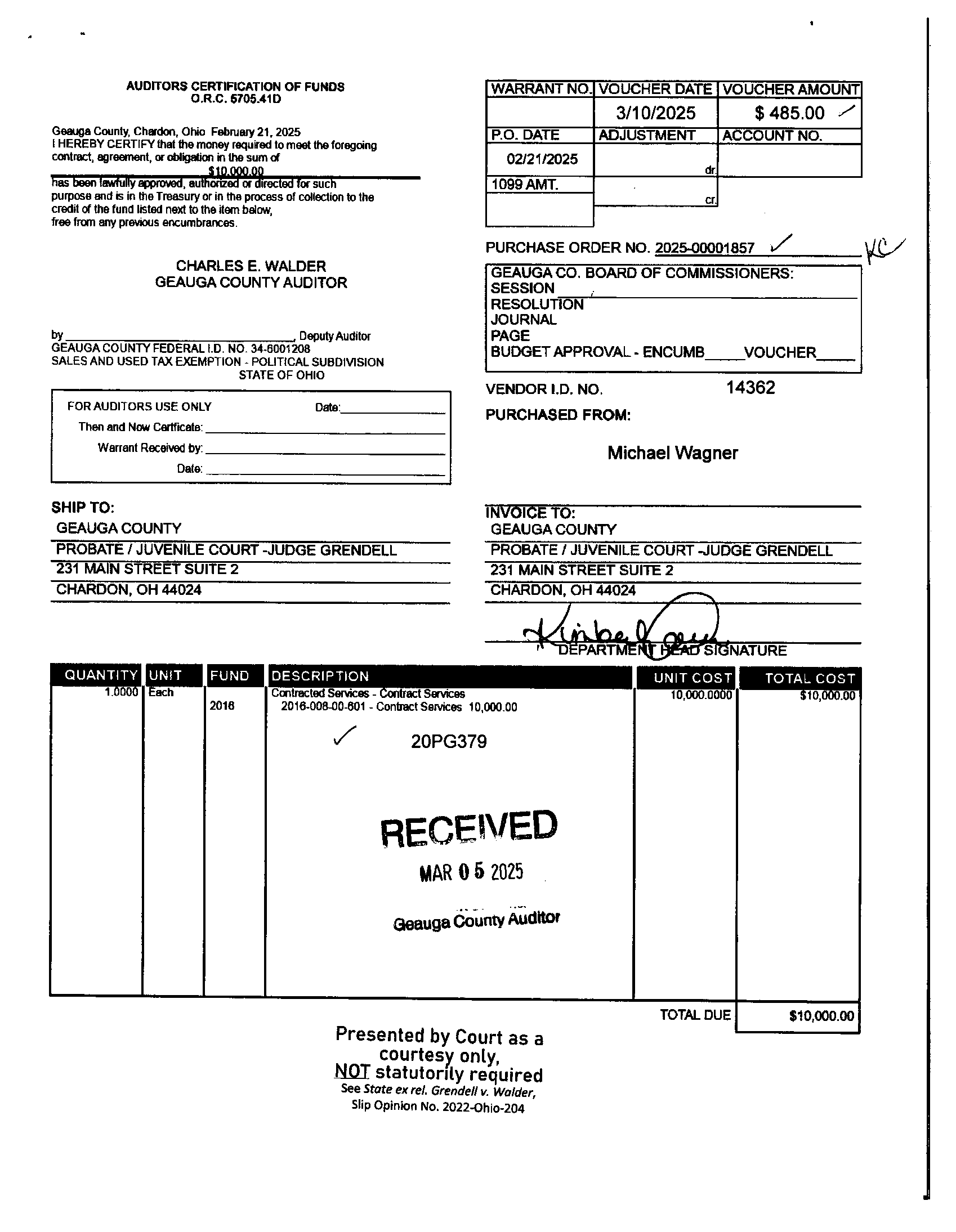 Auditor's Certification of Funds