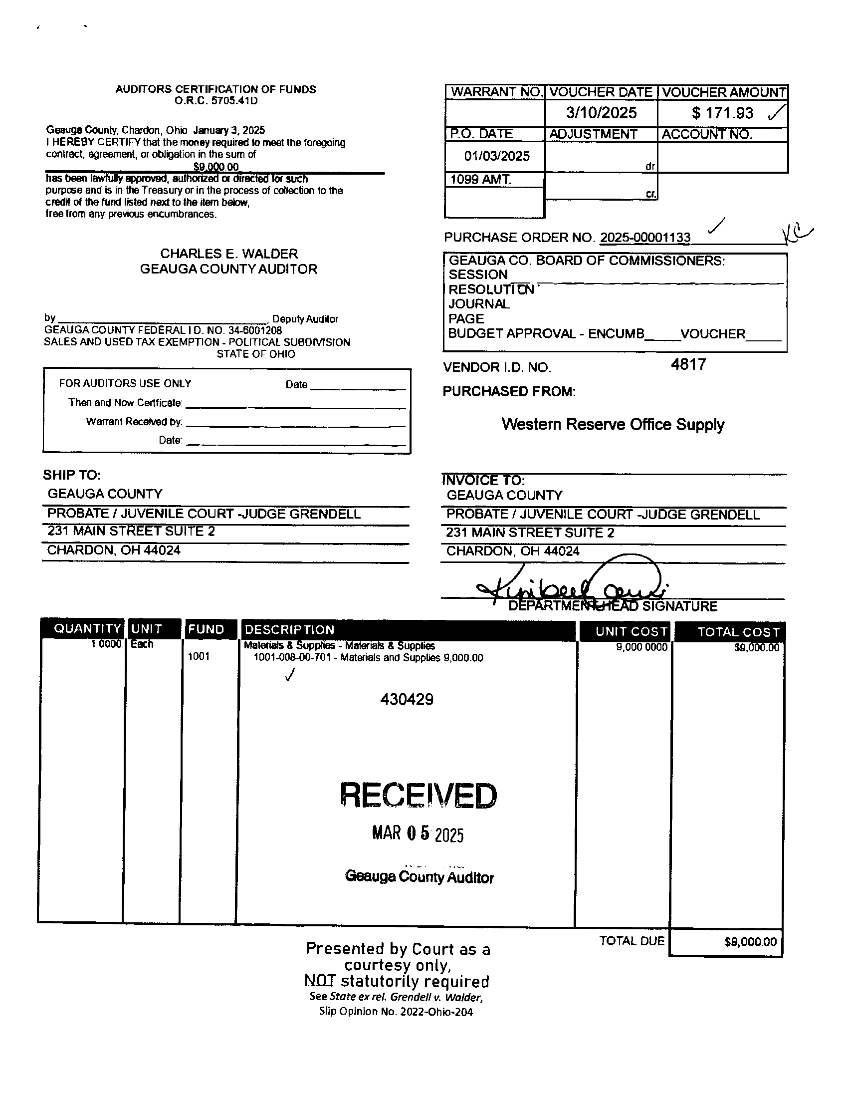 Auditor's Certification of Funds