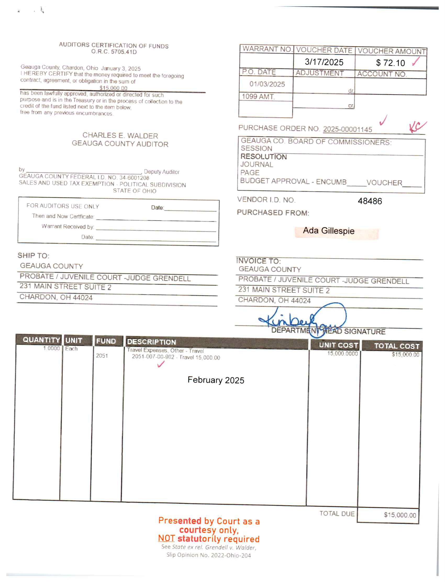 Auditor's Certification of Funds