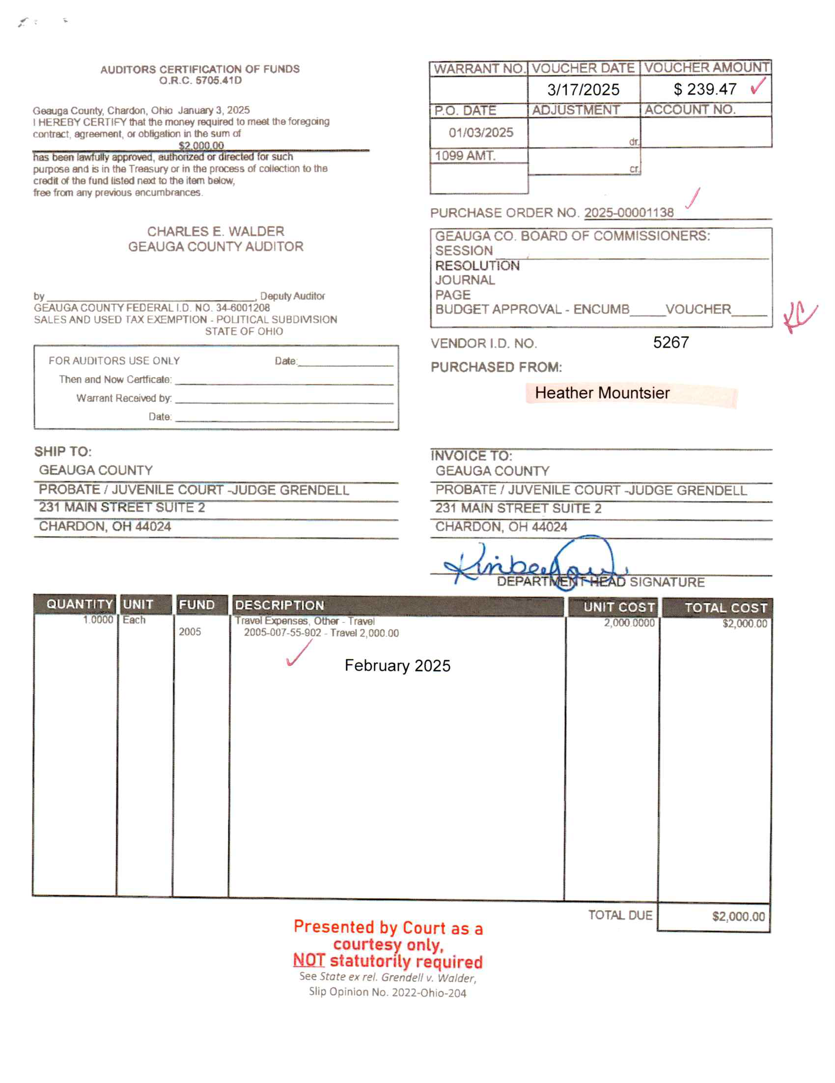 Auditor's Certification of Funds