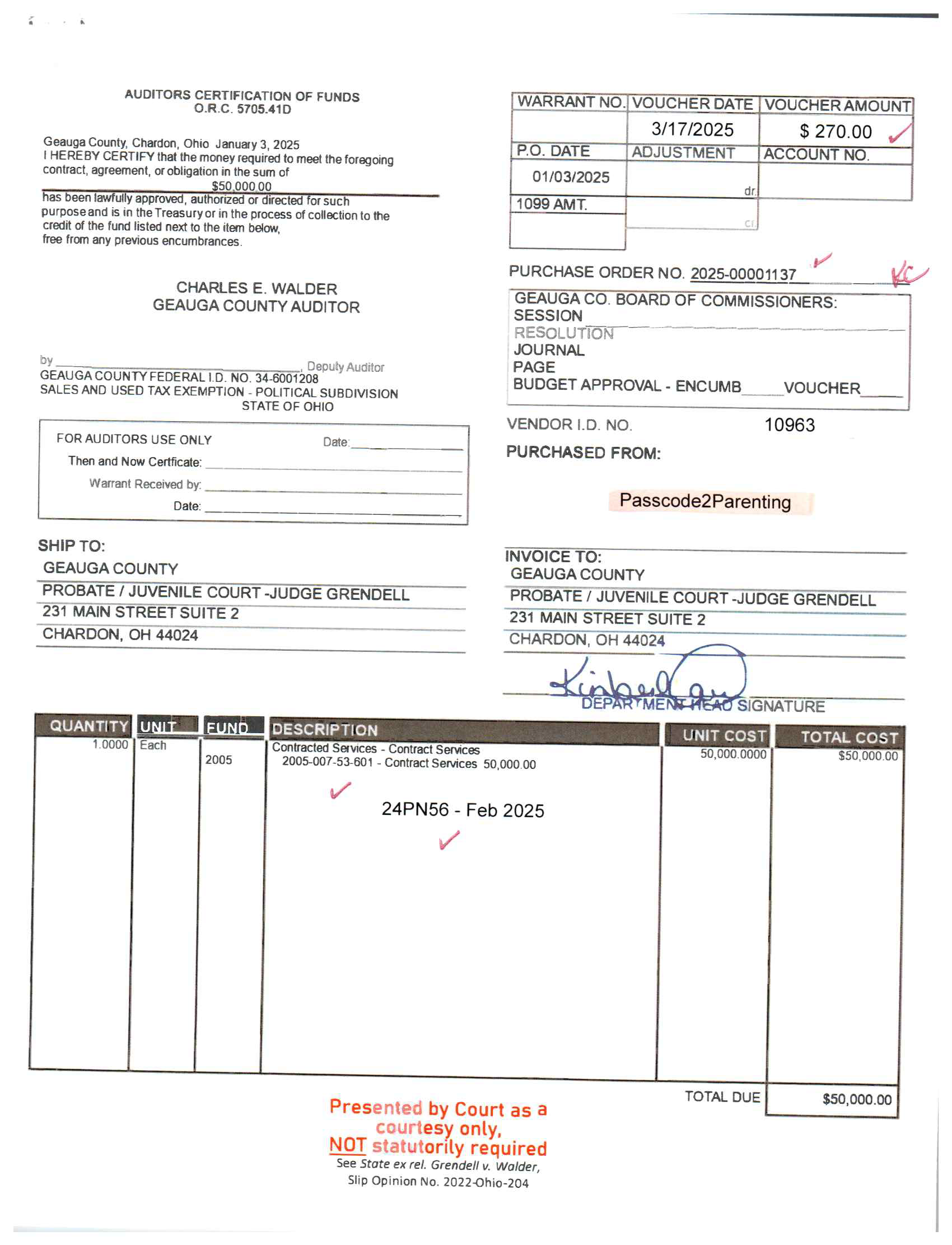 Auditor's Certification of Funds