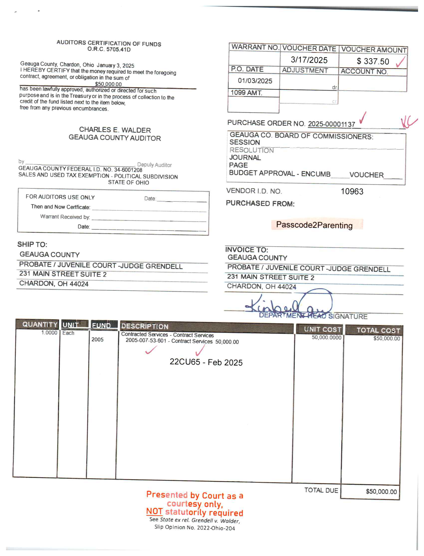 Auditor's Certification of Funds
